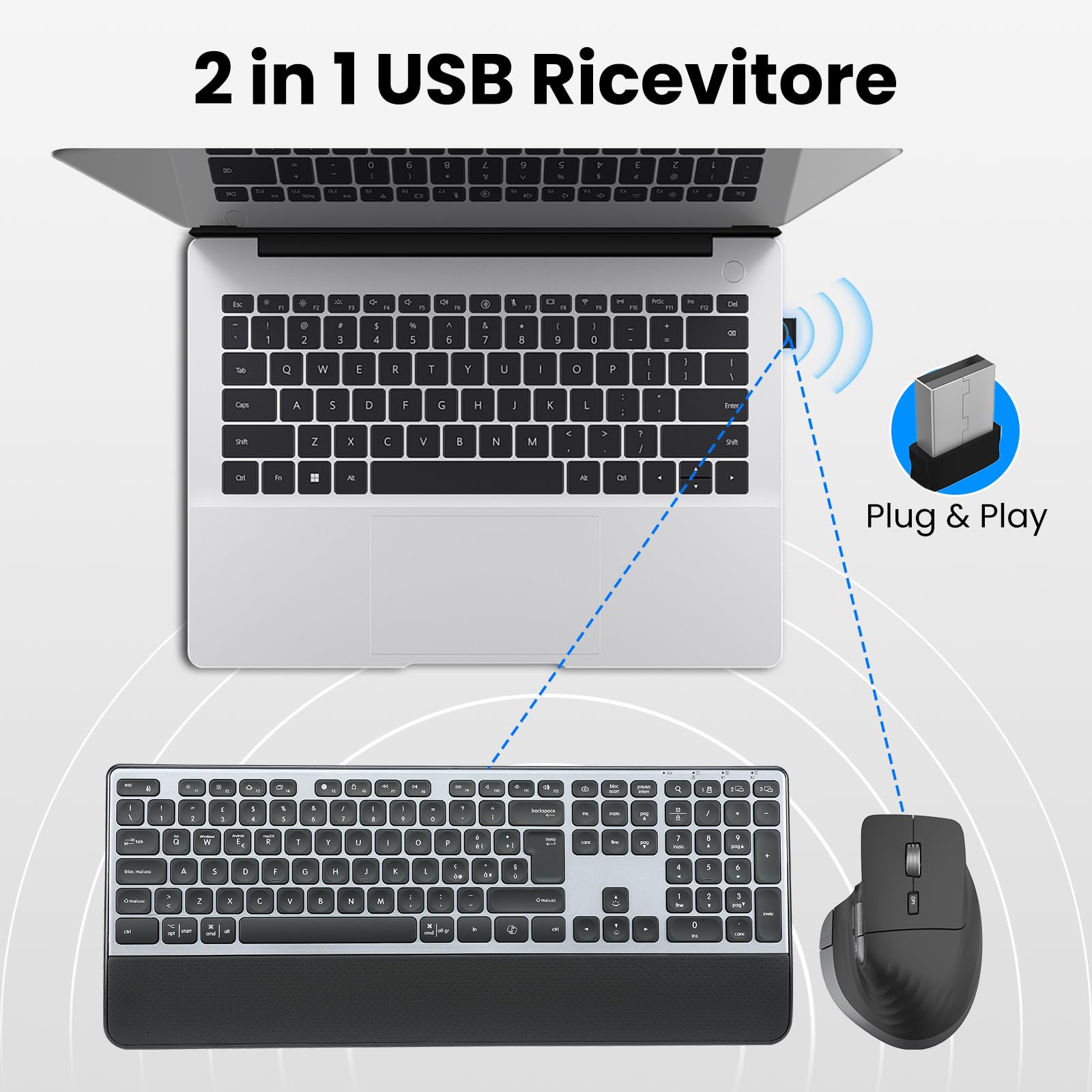 CITLLA Tastiera e Mouse Wireless Combo Tastiera Bluetooth Multidispositivo con Poggiapolsi, Tastiera Ricaricabile Retroilluminata, Mouse Silenzioso Ergonomico per Computer Desktop PC Portatile