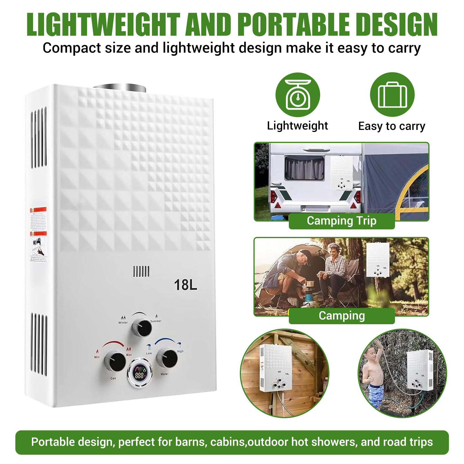 Scaldabagno a Gas 18L, All'aperto Portatile Scaldabagno Istantaneo a Propano Con Display Digitale Multi-Protezione Parete senza Serbatoio Scaldacqua Istantaneo Automatico