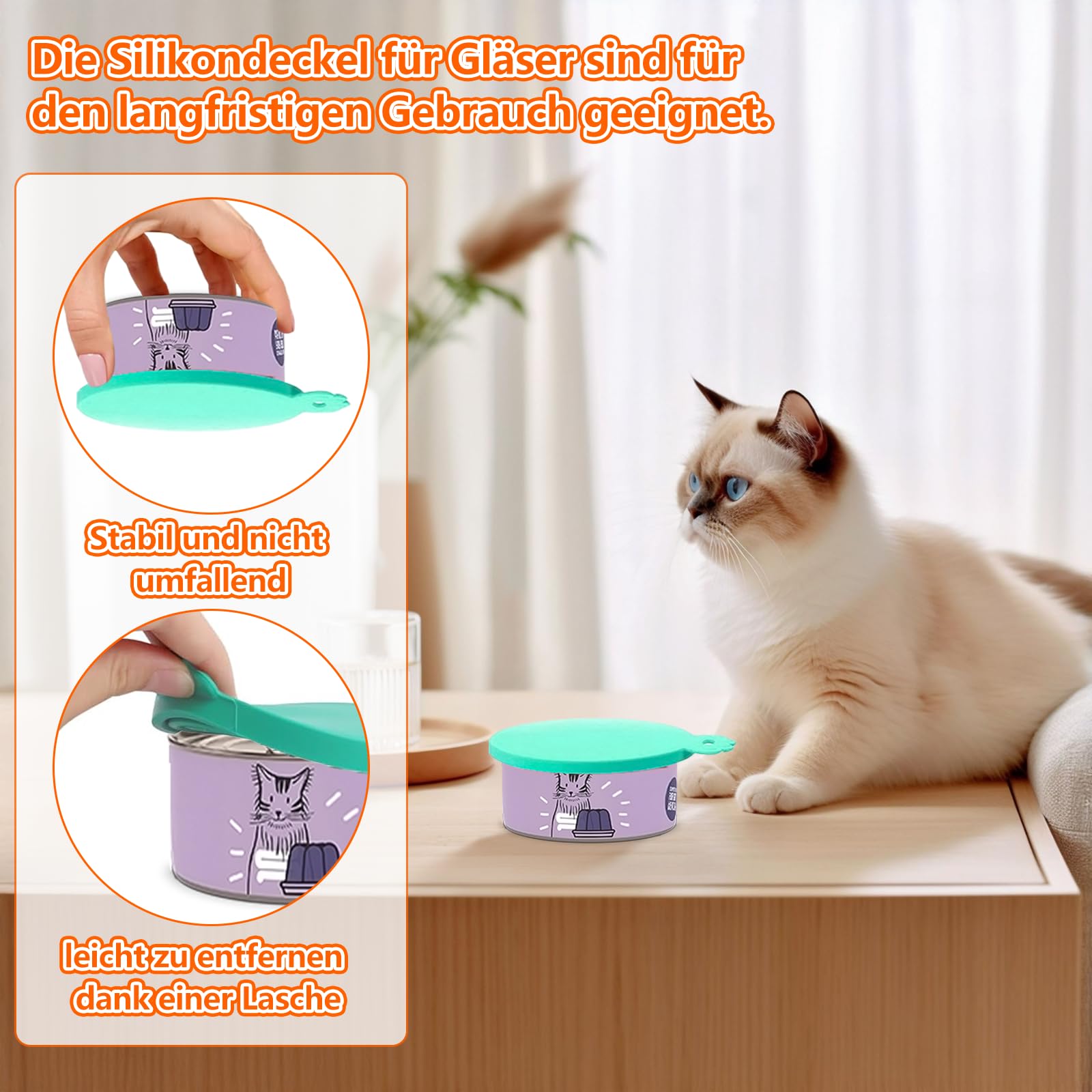 4 Couvercles Silicone + Cuillère – Couvercles Universels (6,5/7,5/8,5 cm), Extensibles & Réutilisables, Sans BPA, Lavable au Lave-vaisselle – Pour Boîtes de Nourriture Animaux