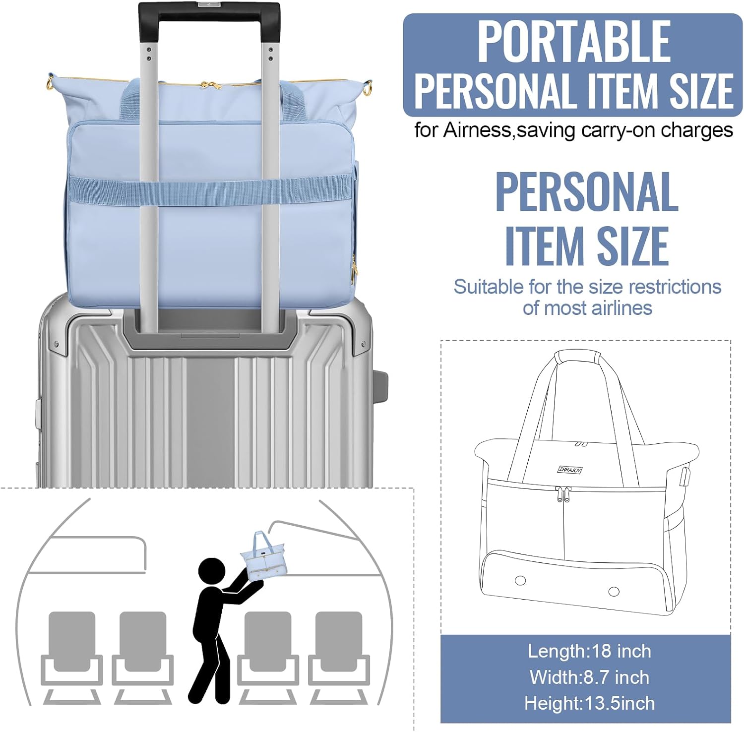 ZRRAJOY Weekender Overnight Bag for Women, Large Travel Duffel with Shoe Compartment, Wet Pocket, USB Charging Port, Carry-On Gym Tote Bag (Blue)