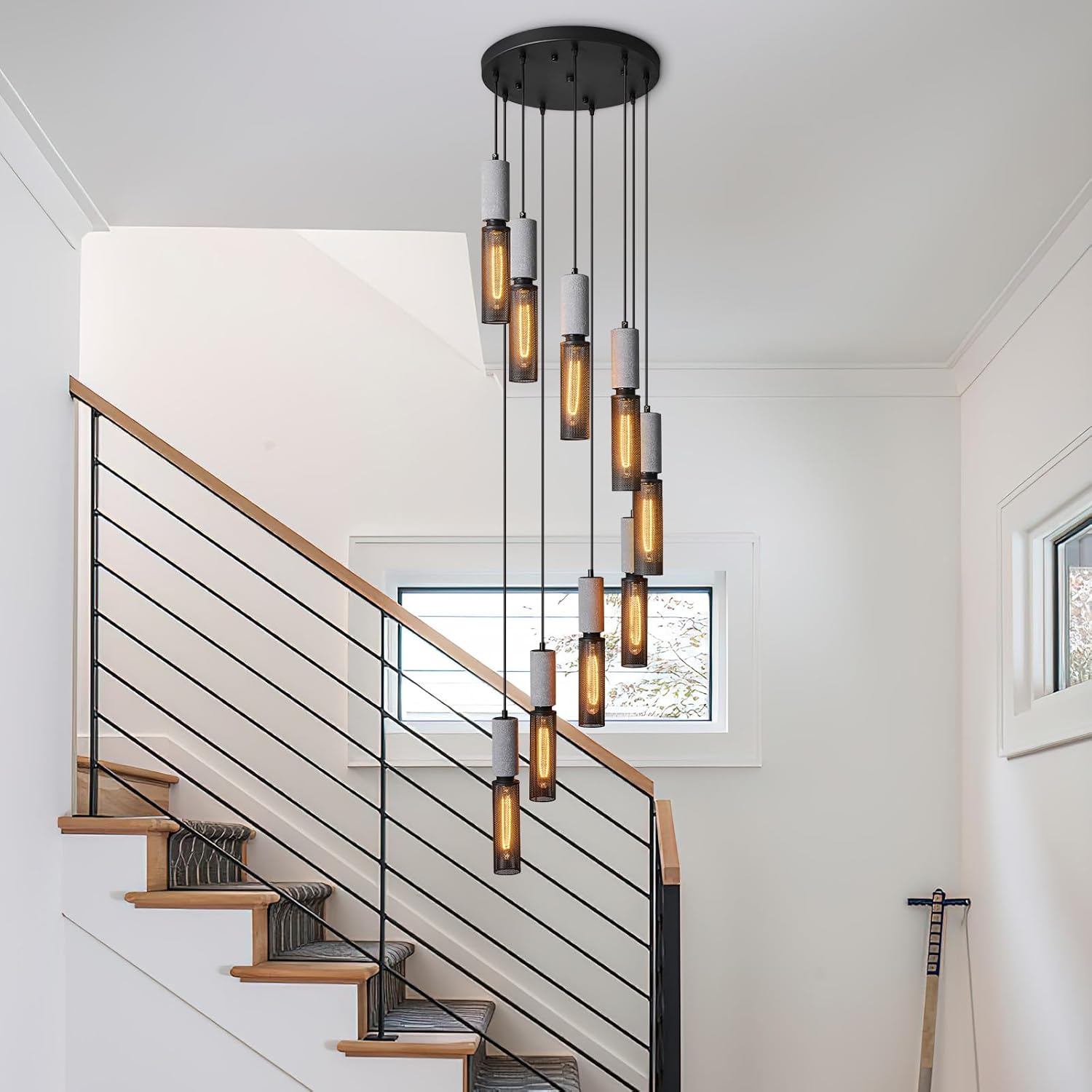 9-Light Concrete Linear Black Pendant Light with a Metal Mesh Shade,Staircase Large Chandelier Lobby Living Room Bedroom Foyer High Ceiling Chandelier