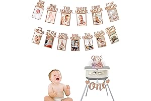 Monthly Photo Banner, First Birthday Decorations with First Birthday Cake Topper & High Chair Banner