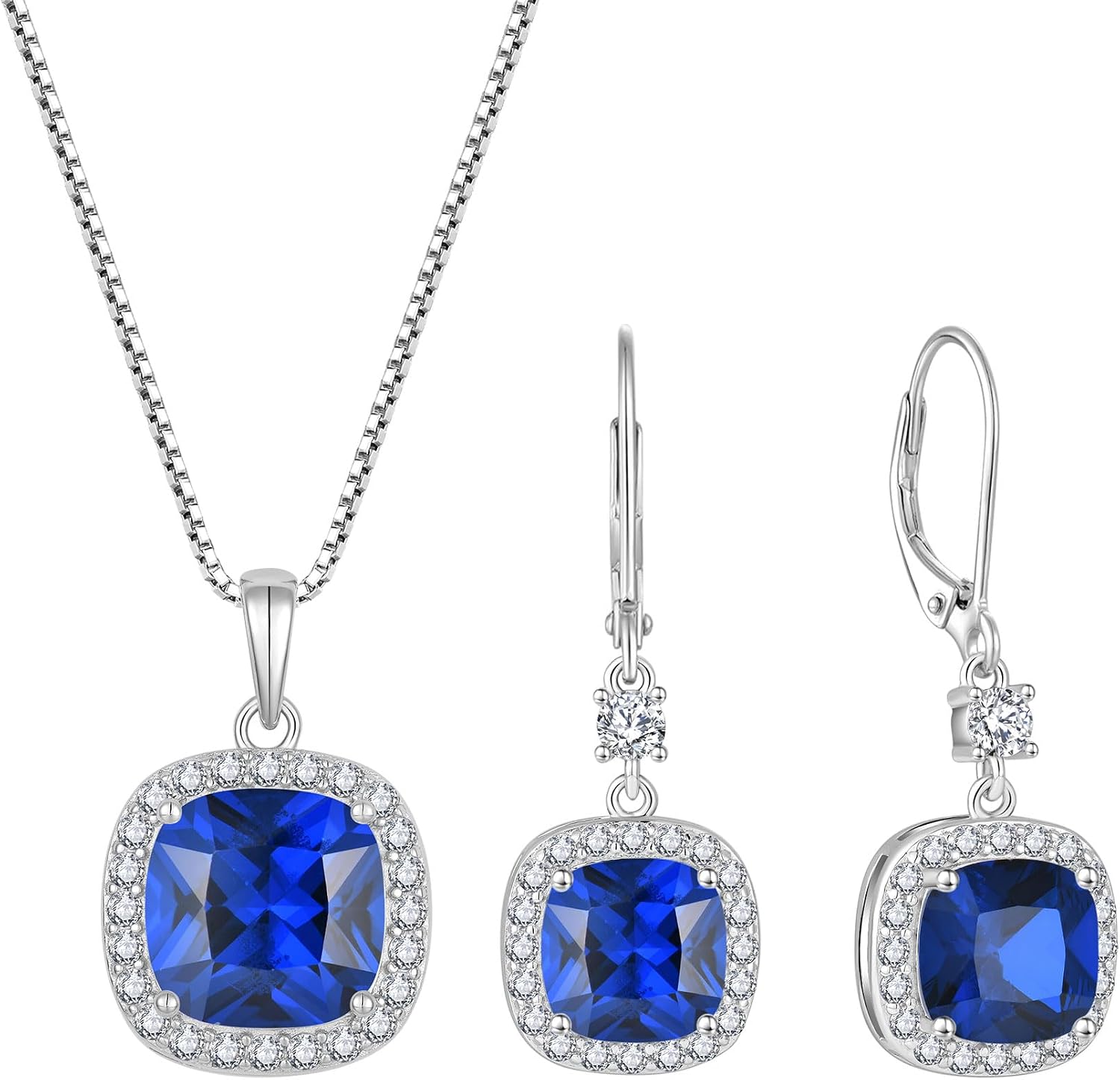 Princess Cut Jewelry Set for Women 925 Sterling Silver Sapphire September Birthstone Necklace Halo Dangle Drop Leverback Earrings Jewelry for Mom Wife