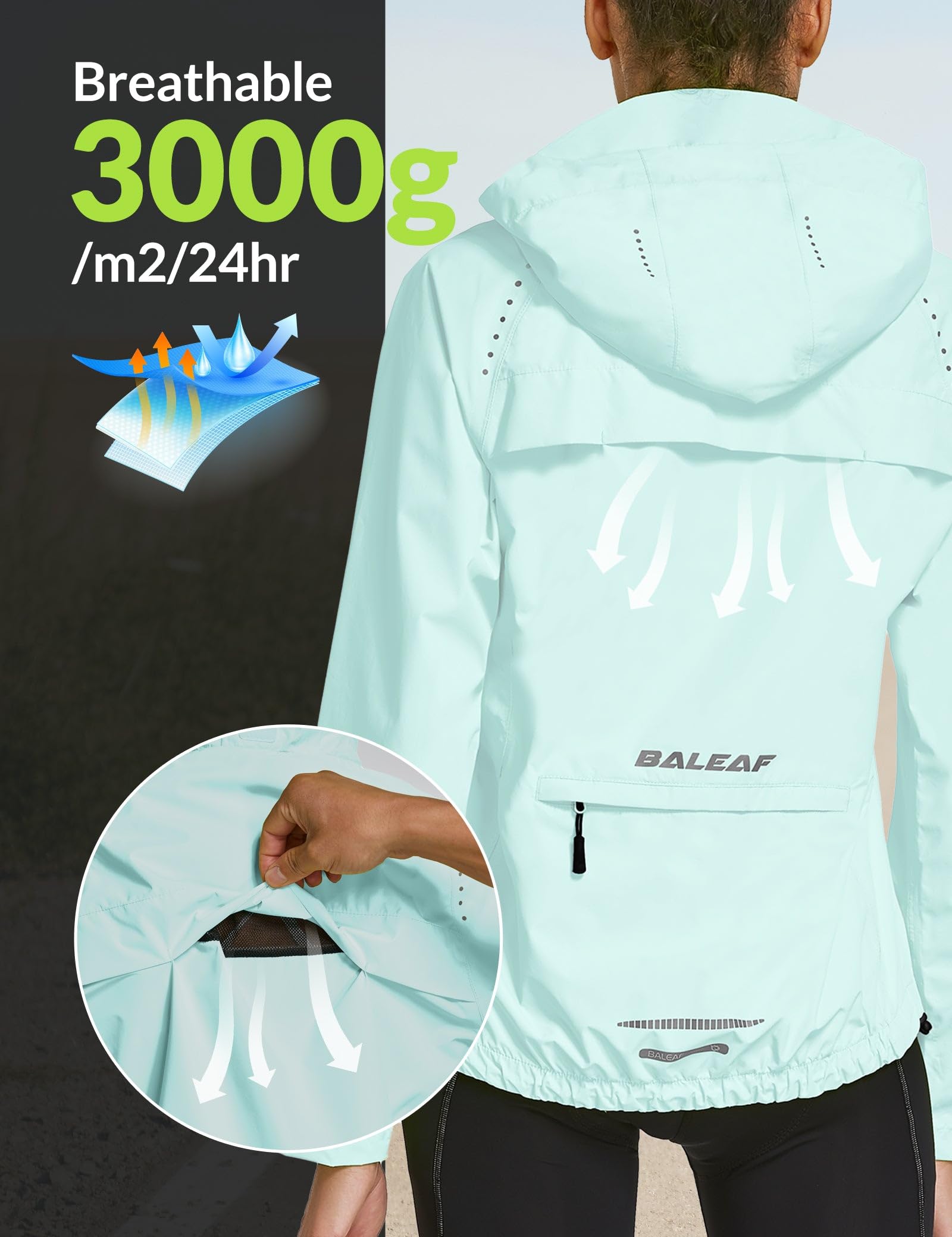 BALEAF Wodoodporne kurtki damskie kurtka rowerowa damska lekka kurtka przeciwdeszczowa outdoorowa pakowalna odblaskowe kurtki do biegania wiatroszczelne płaszcze trekkingowe, 9-wiosenny zielony, XXL