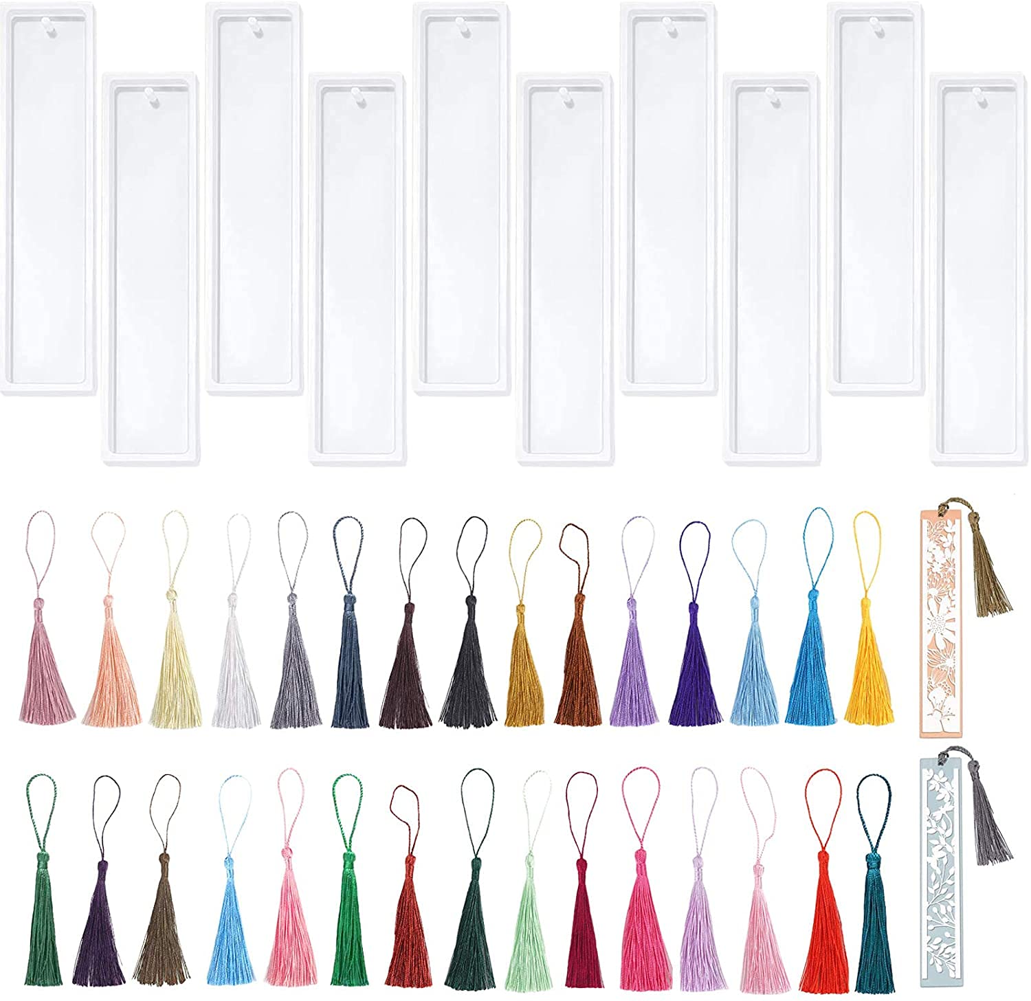 40pcs Molde de Resina de Marcador de Libro, 10 Piezas Marcapáginas Moldes Silicona con 30 Borlas Coloridas, Molde Rectangular de Resina para Joyería DIY, Regalo para Profesores, Estudiantes