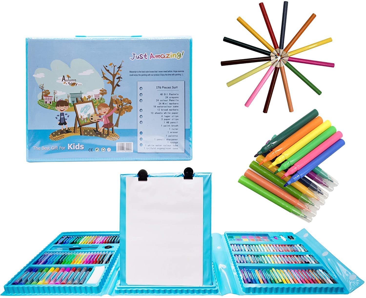 176 Pcs Art Set Girls Art Kit Sketching Drawing Handle Art Box with Oil Pastels, Crayons, Colored Pencils, Markers, Paint Brush, Watercolor Cakes, Sketchpad for Kids Toddlers Christmas Gift (Blue)