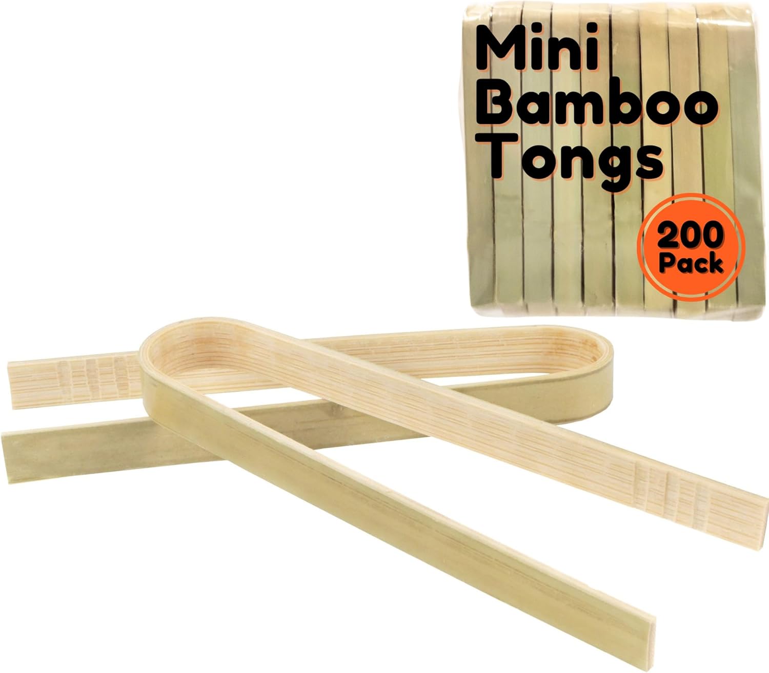 BambooMN 3.9" Mini Bamboo Disposable Tongs - Toast Tongs - 200 Pieces