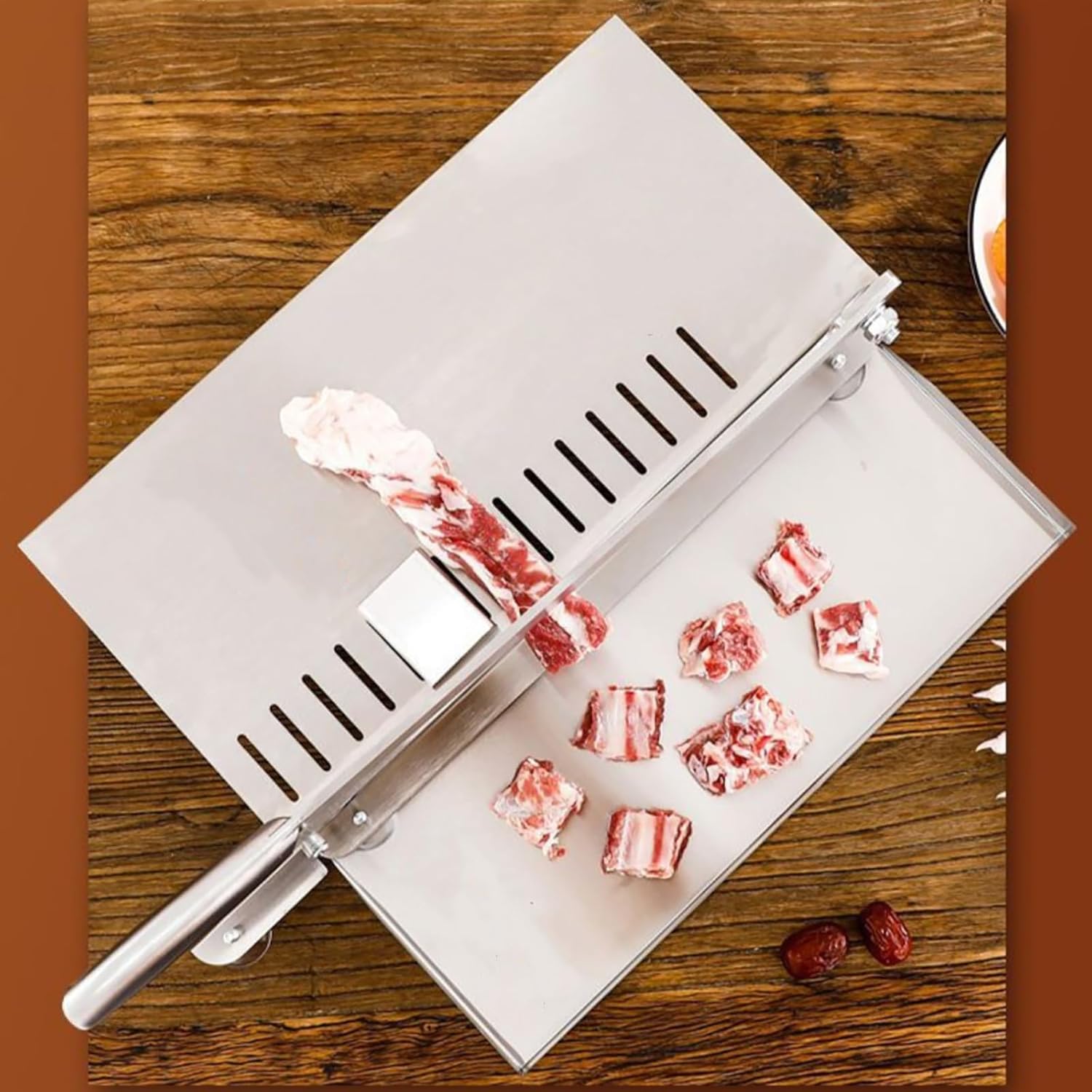 Stainless Steel Meat Cutter, Manual Bone Cutter with Food Tray, Ribs Chopper Slicer for Chicken Fish Beef