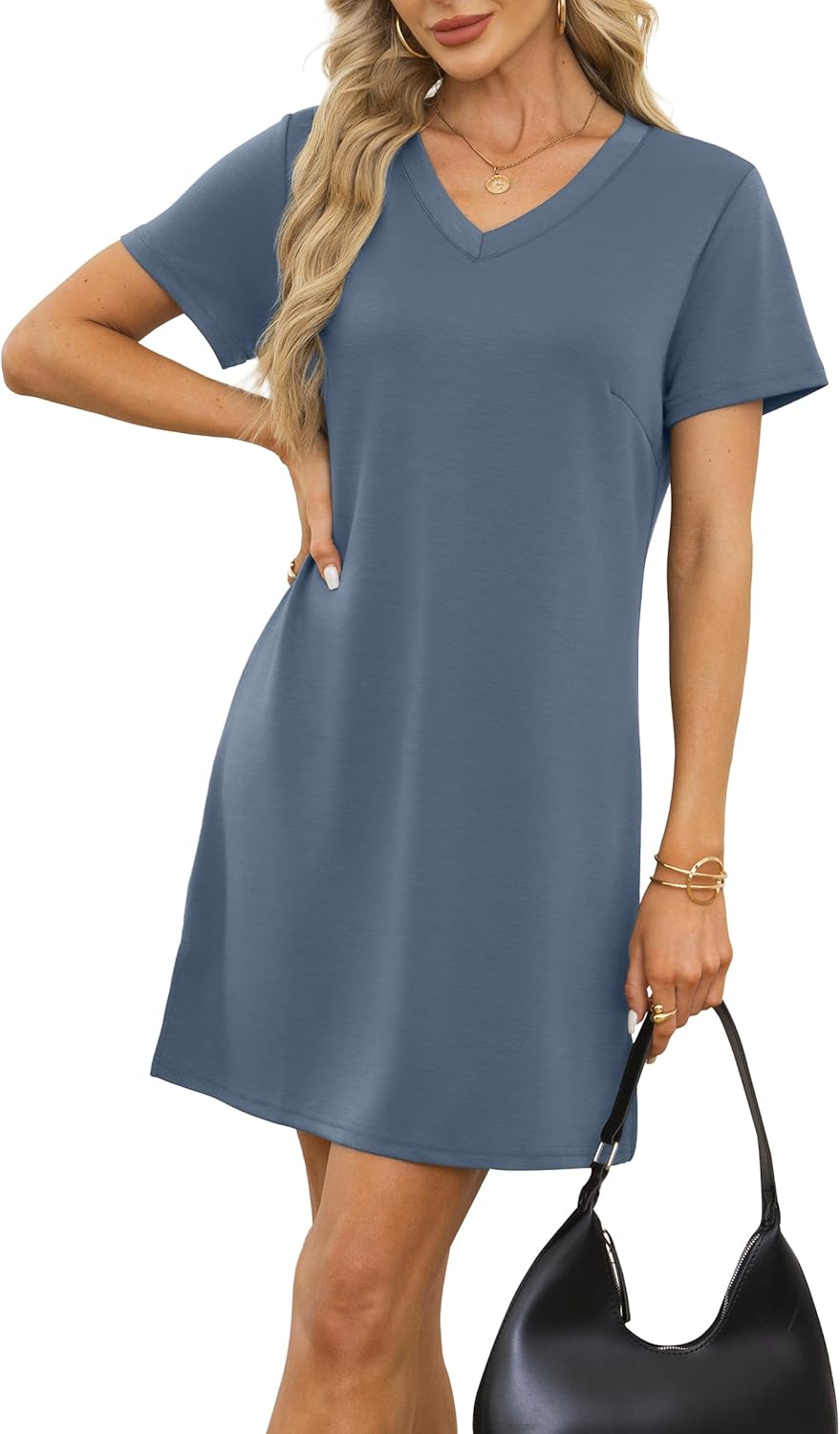 RUMIA Summer Casual Dresses for Women 2025 Vacation Dress V Neck Short Sleeve Split Hem Beach Sundress Dustyblue M - Image 3