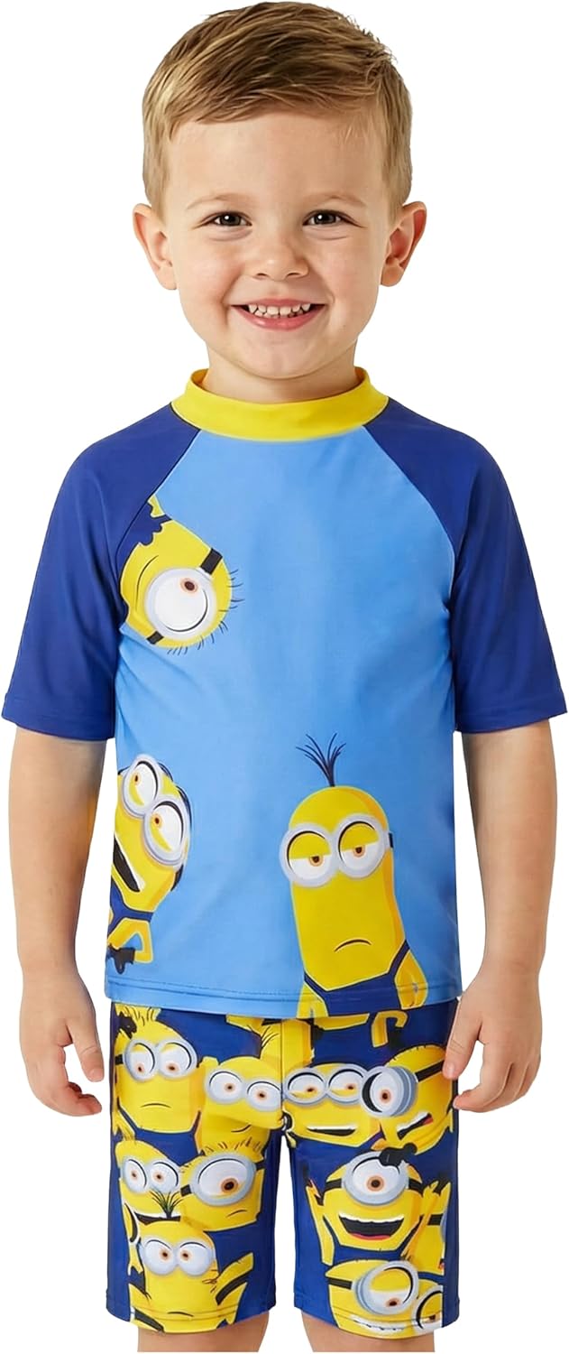 Hot Wheels | Spider-Man | Minions Boys Rash Guard & Swim Trunks Two Piece Set, Stretchable Swimsuit, Boys Swim Set