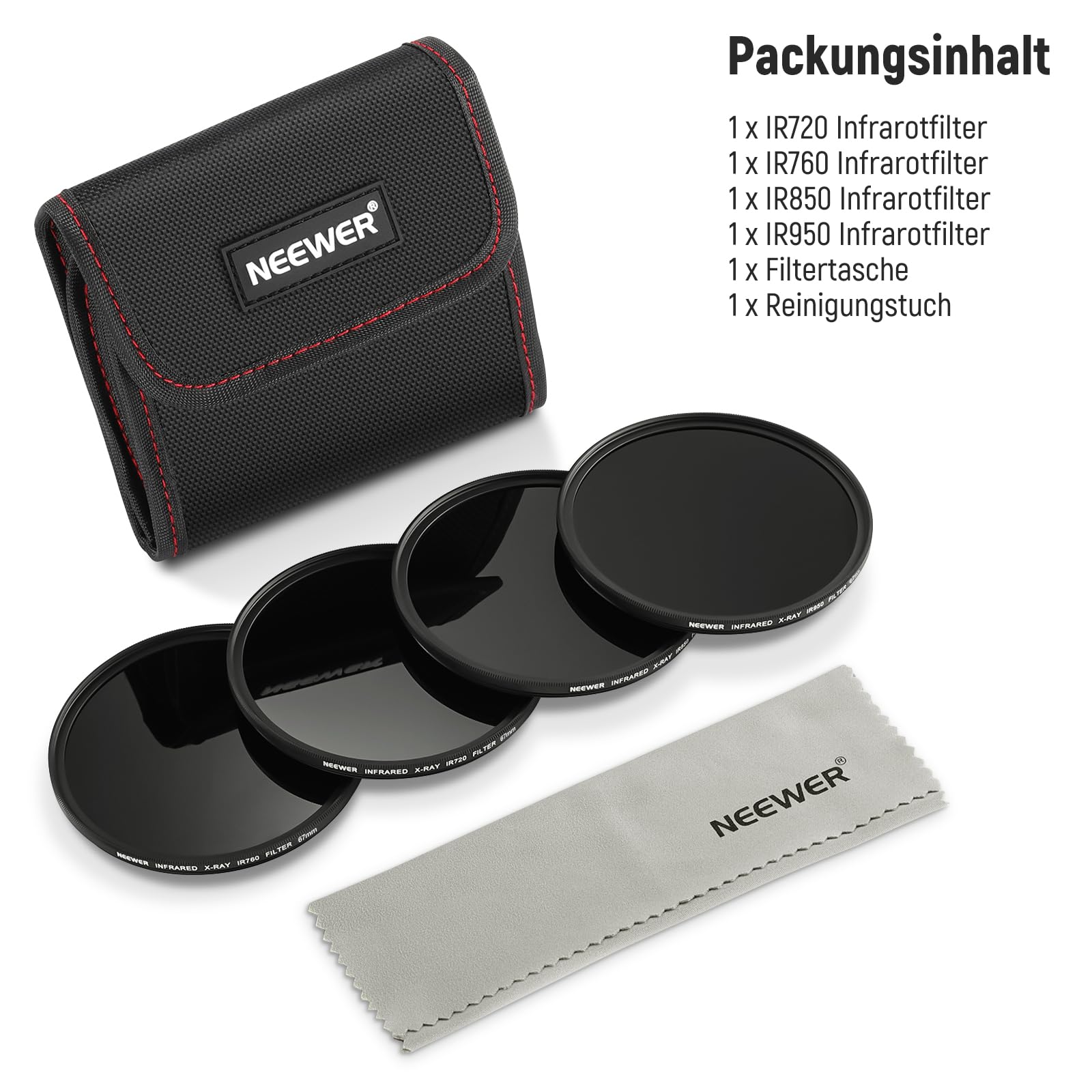 NEEWER 67mm Infrarot Filter Set, 4er Pack IR720/IR760/IR850/IR950 Infrarot IR mit Tragetasche und Reinigungstuch, kompatibel mit Canon Nikon Sony Panasonic Fuji Kodak IR unterstützten DSLR Kameras