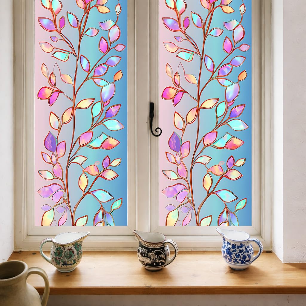 17.5x78.7in Stained Glass Window Film – Large Rainbow Leaf Decorative Window Sticker, Static Cling Privacy Film for Home, Bathroom, Office, Reusable PVC Window Decal (Gradient Colored Leaves)