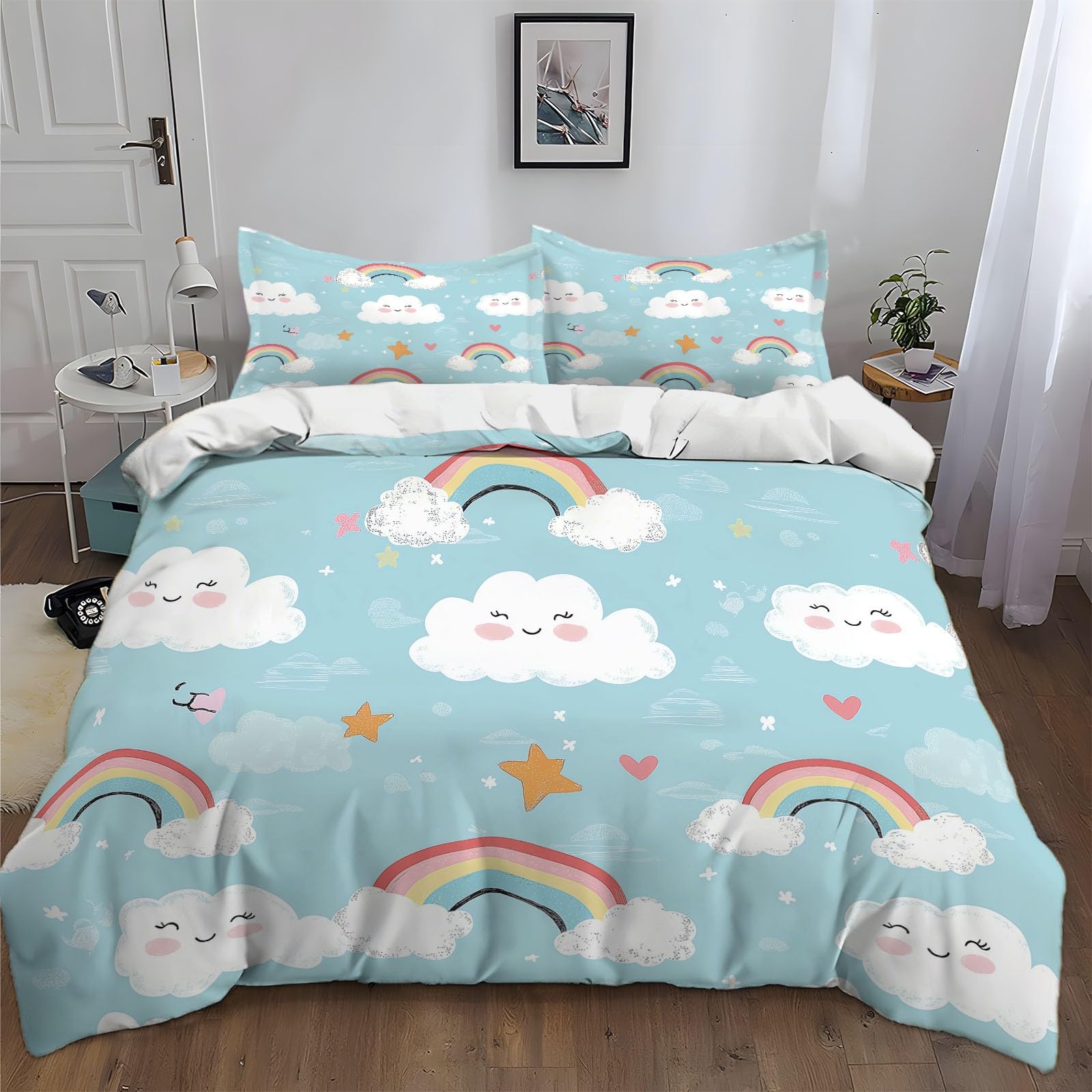 Duvet Cover King Size Cartoon Cloud Rainbow Reversible 3 Pieces Duvet Cover Set, Bedding Set for All Season, Soft and Breathable Bedding Set with Zipper Closure