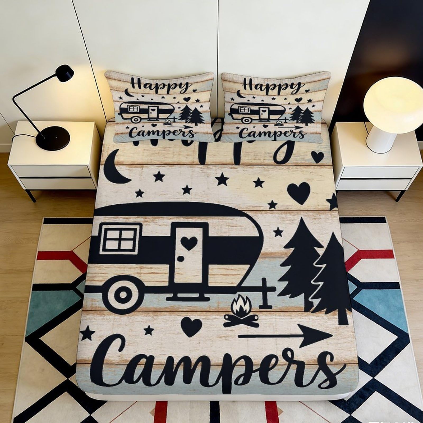 Jqzkxnhpbr Style-1 3D Printed Camper Trailer Fitted Sheet Microfiber Retro Mountain Forest Bed Cover For Bedroom Guest Room Decor 90X200x25cm