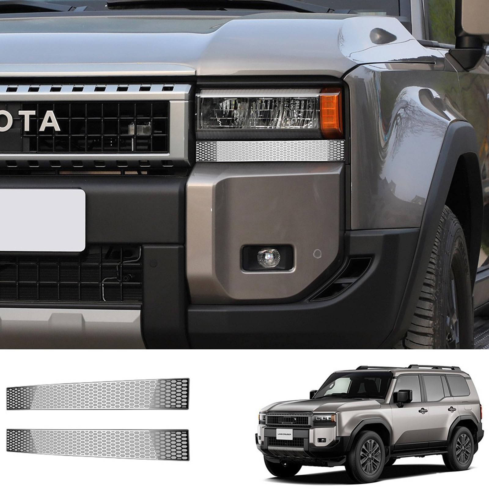 2 Pcs Front Headlight Trim Decoration net Cover for 2024 2025 Toyot-a Land Cruiser 250 1958 Prado Lc250 J250 Trim Strip of Front Bumper Exterior Modification Accessories?Brilliant Silver?