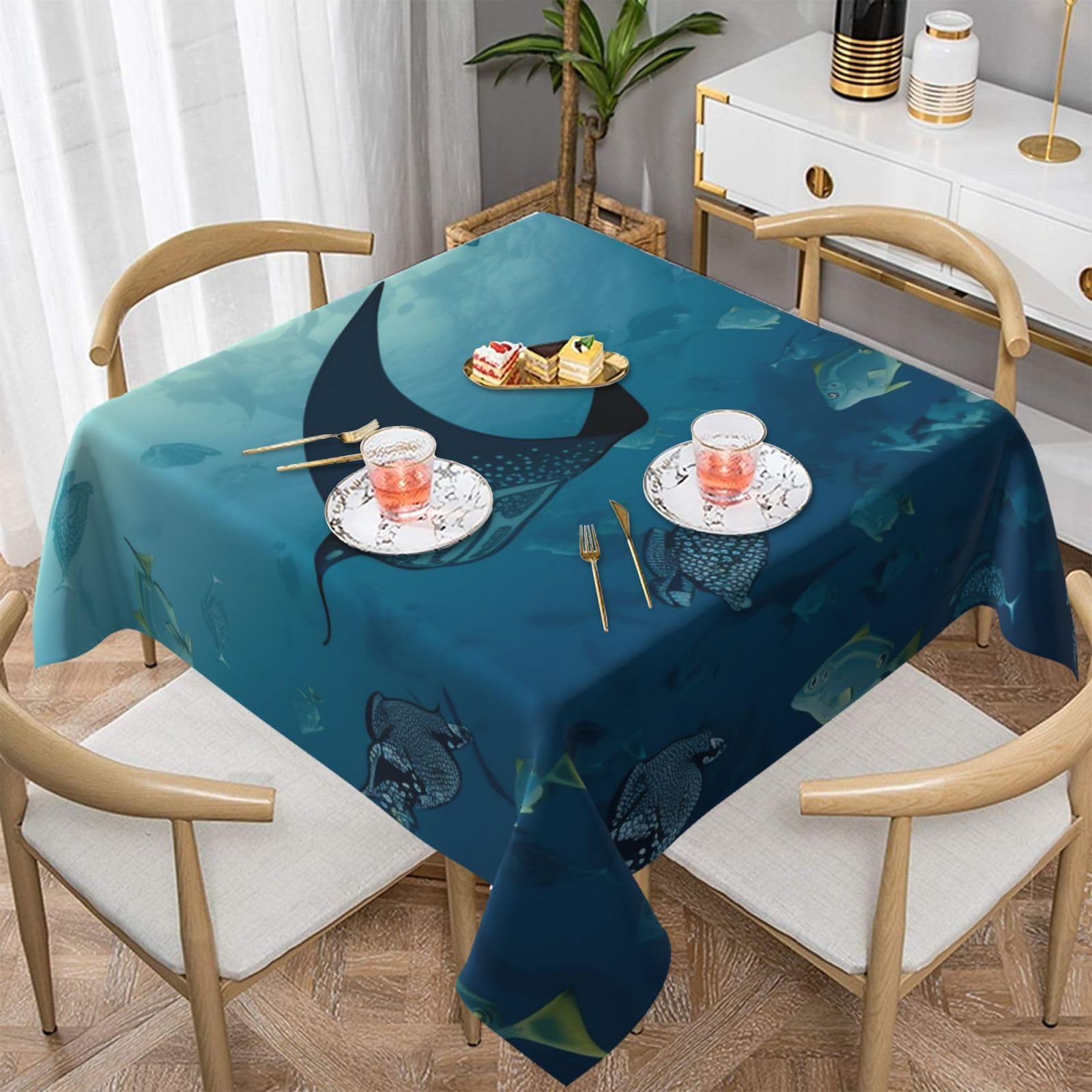WPKJU Manta Ray and Fish Printed Square Tablecloth 60x60 inch Water Resistant Table Cover Washable Rectangle Table Cloth for Dining Tables