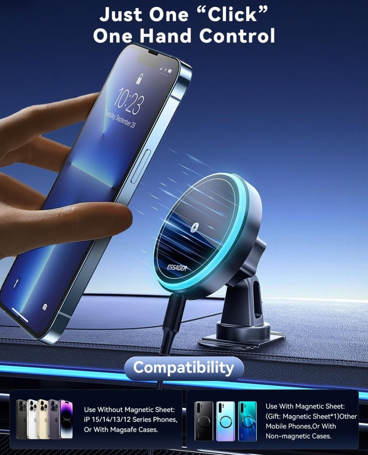 ESSAGER RGB Qi2-Certified 15W Car Mount Car Charger, Air Vent/Dashboard 2 in 1 Wireless Car Charger for iPhone 17/16/15/14/13/12, Fast Charger, Black