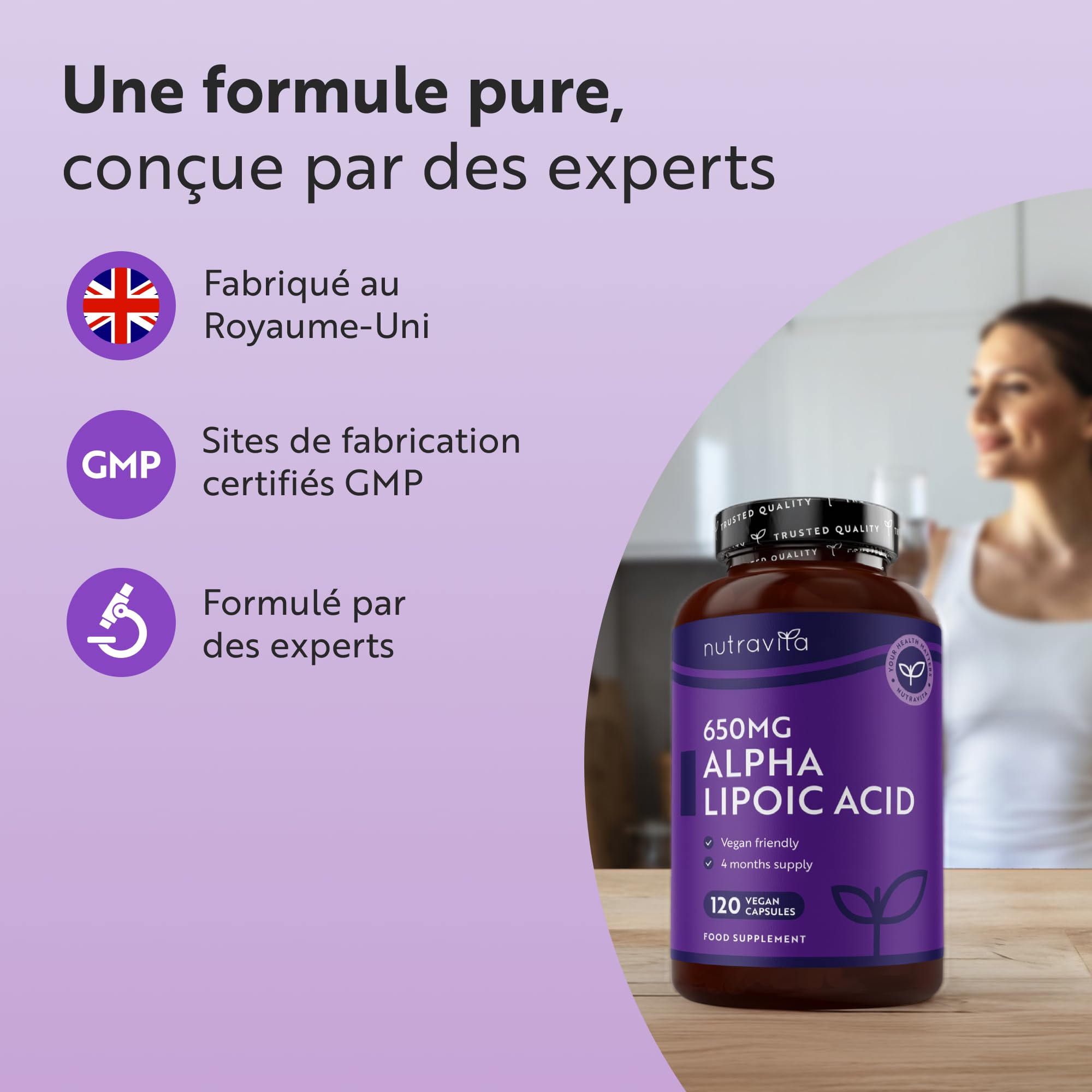 Acide Alpha-Lipoïque 650 mg − 120 Gélules Entièrement Végétales très Puissantes − 100% Naturelles, sans Agent de Remplissage Synthétiques − Provision de 4 Mois − Fabriqué au Royaume-Uni par Nutravita