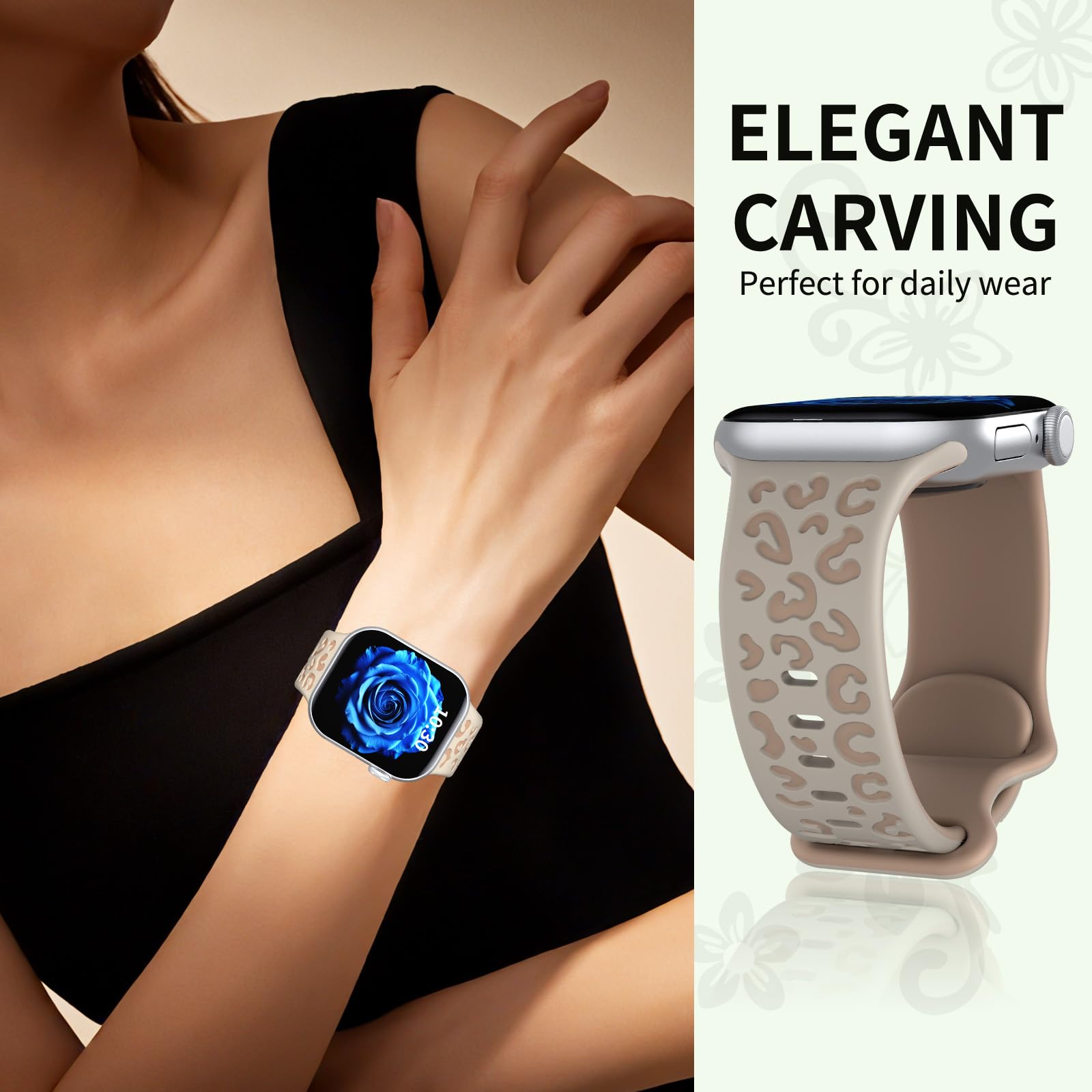 Leopard Engraved Band Compatible with Apple Watch Straps 38mm 40mm 42mm 44mm 45mm 46mm 49mm for Women, Silicone Sport Replacement Wristband for iWatch Series 11 10 9 8 7 6 5 4 3 2 1 SE Ultra — view 3