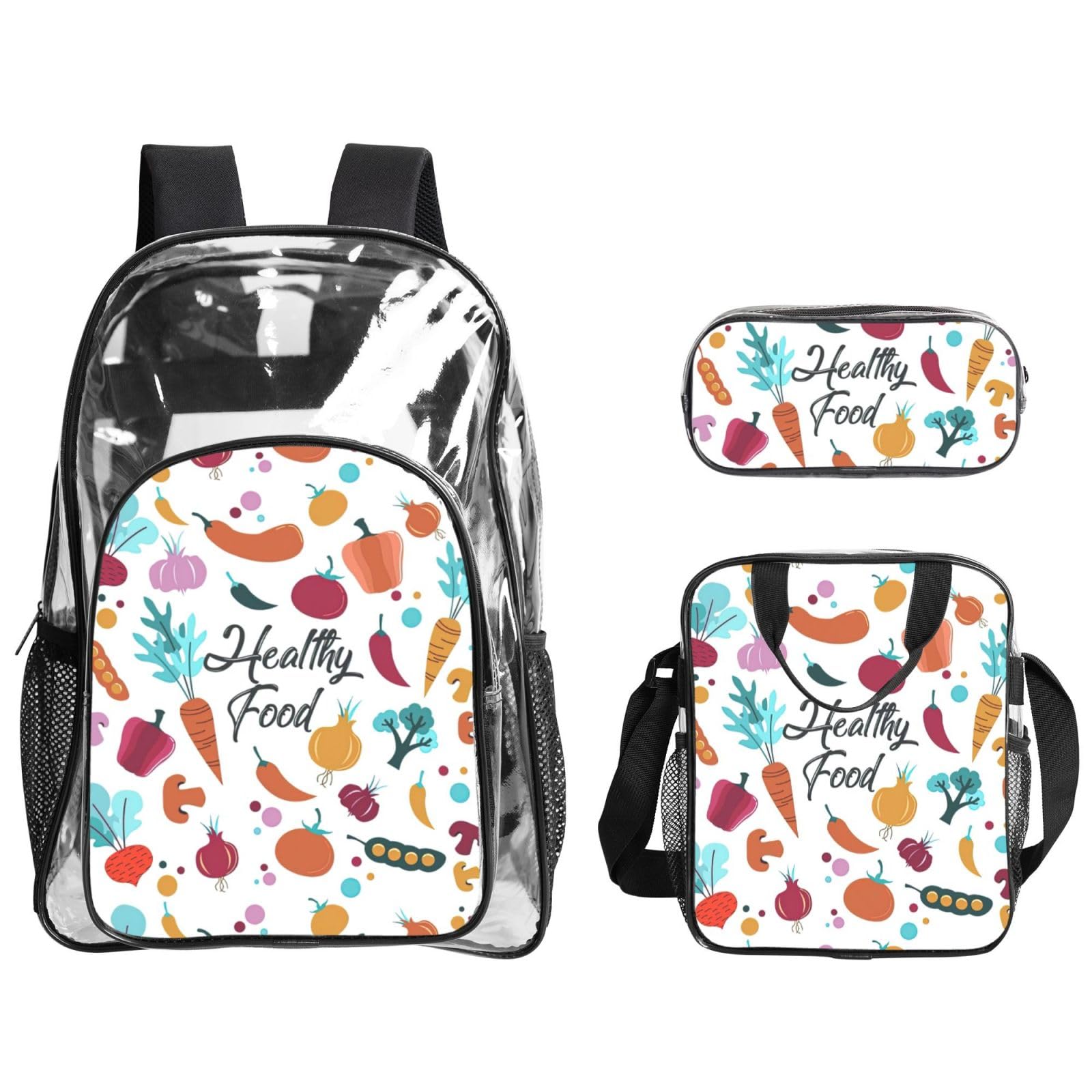 Set di 3 borse trasparenti per bambini, con stampa di alimenti sani, borsa trasparente con borsa termica per il pranzo inclusa