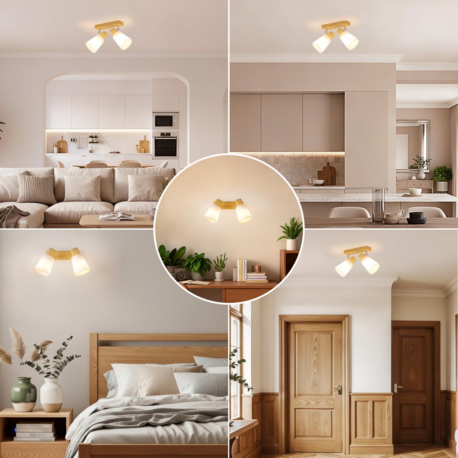 LVWIT Faretti da Soffitto E14, Faretto da Interno Bianco con 2 Faretto, Faretti Orientabili Legno, Faretto da Parete Interno Vintage per Barra, Salotto,Cameretta, Cucina, Bagno (Lampadine Escluse)