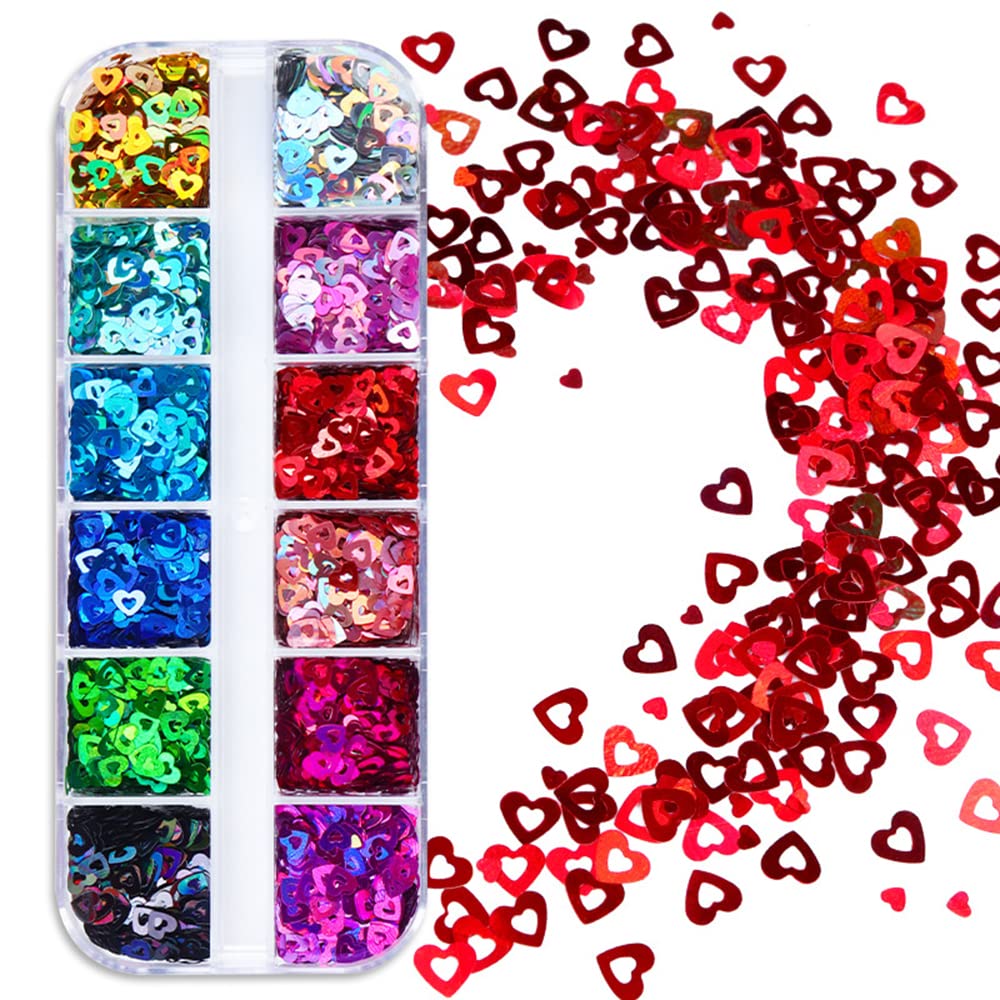 Hollow Heart Nail Art Sequins 3D Laser Heart Shape Glitter Flakes Nail Supplies 12 Colors Sparkly Holographic Valentines Love Heart Sequins for Women DIY Acrylic Nails Decoration Crafts