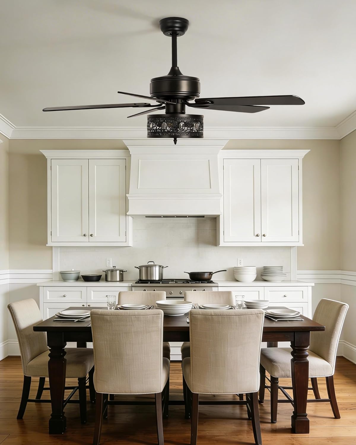 52-Inch Farmhouse Caged Ceiling Fan with Light and Remote, Modern Rustic Fandelier with Clear Crystal Accent Drum Shade, 5 Reversible Blades, Quiet DC Motor for Bedroom, Living Room, Matte Black