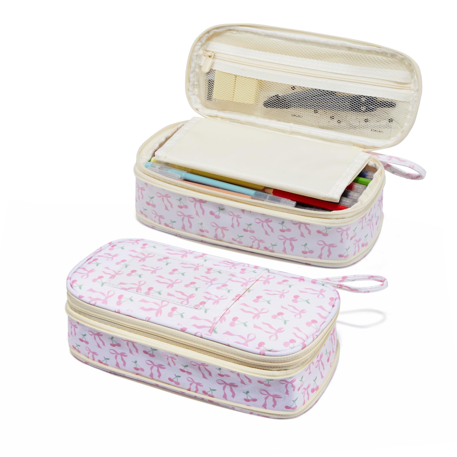 Janhavi Cute Pencil Case for Girls, Large Pink Pencil Pouch with Zipper, Foldable Pencil Bag Box Preppy Gift for Teen Girls, Stationery Pen Bag for College, High School Students(Pattern: Cherry+Bow) — image 1