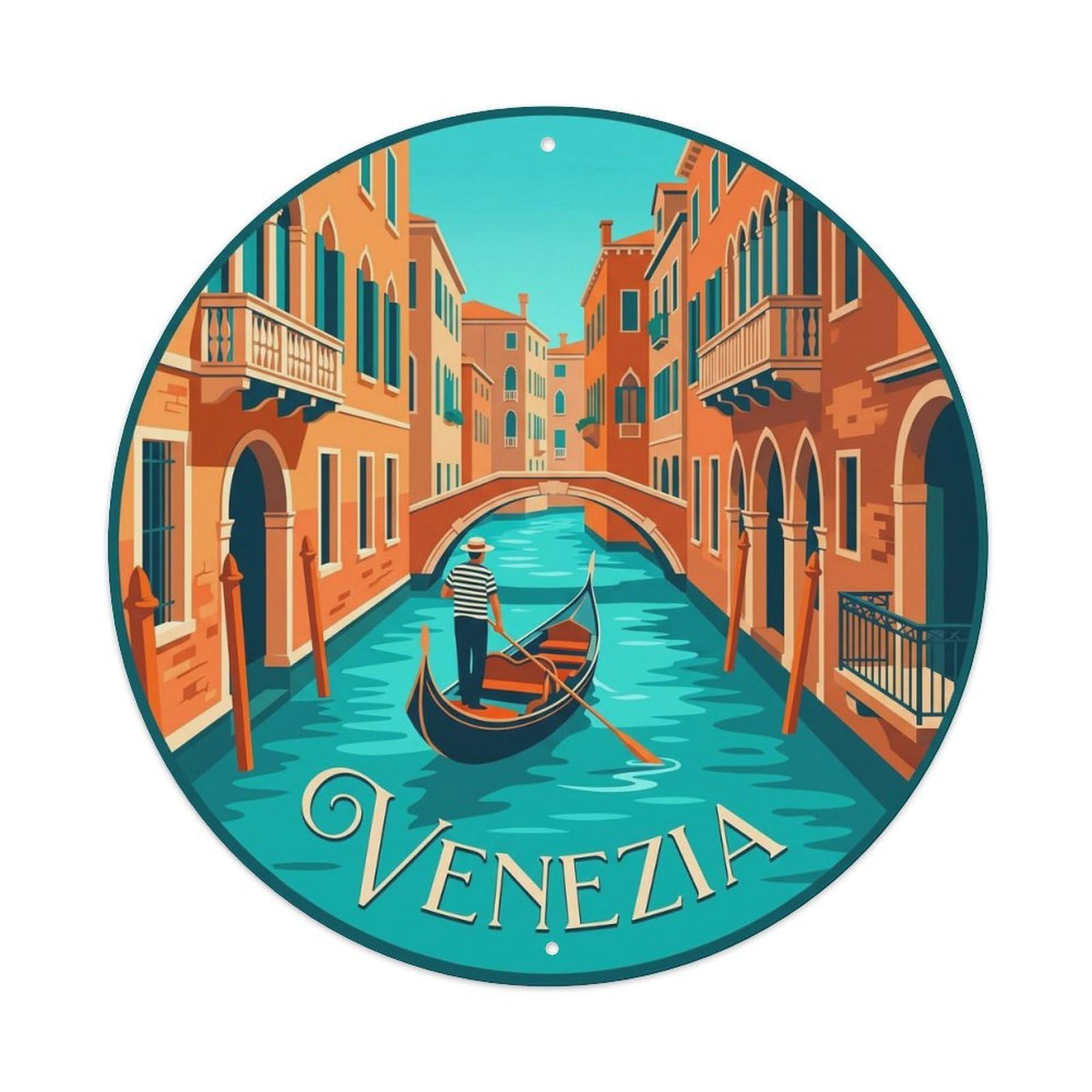 Vintage Travel Venice Canal Gondolier 1 Metal Tin Sign Plaque Wall Decor for Cafe, Club Bar, Office, Home Garden Round Metal Poster 8x8Inch