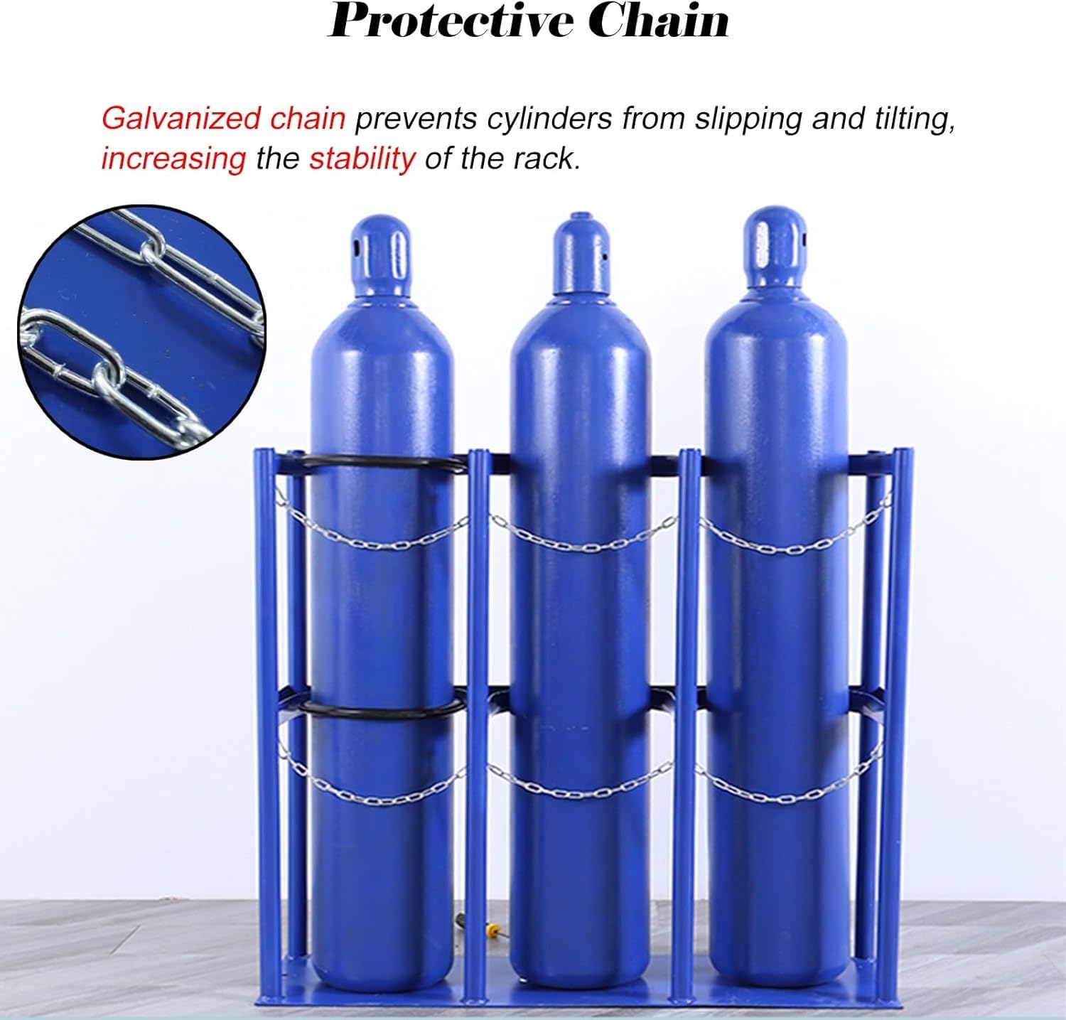 Soporte de alta resistencia para tanques de oxígeno con orificio de fijación y cadena galvanizada, soporte independiente para cilindros de gas, almacenamiento duradero de,1-Blue-15.4x11.8x31.5 in