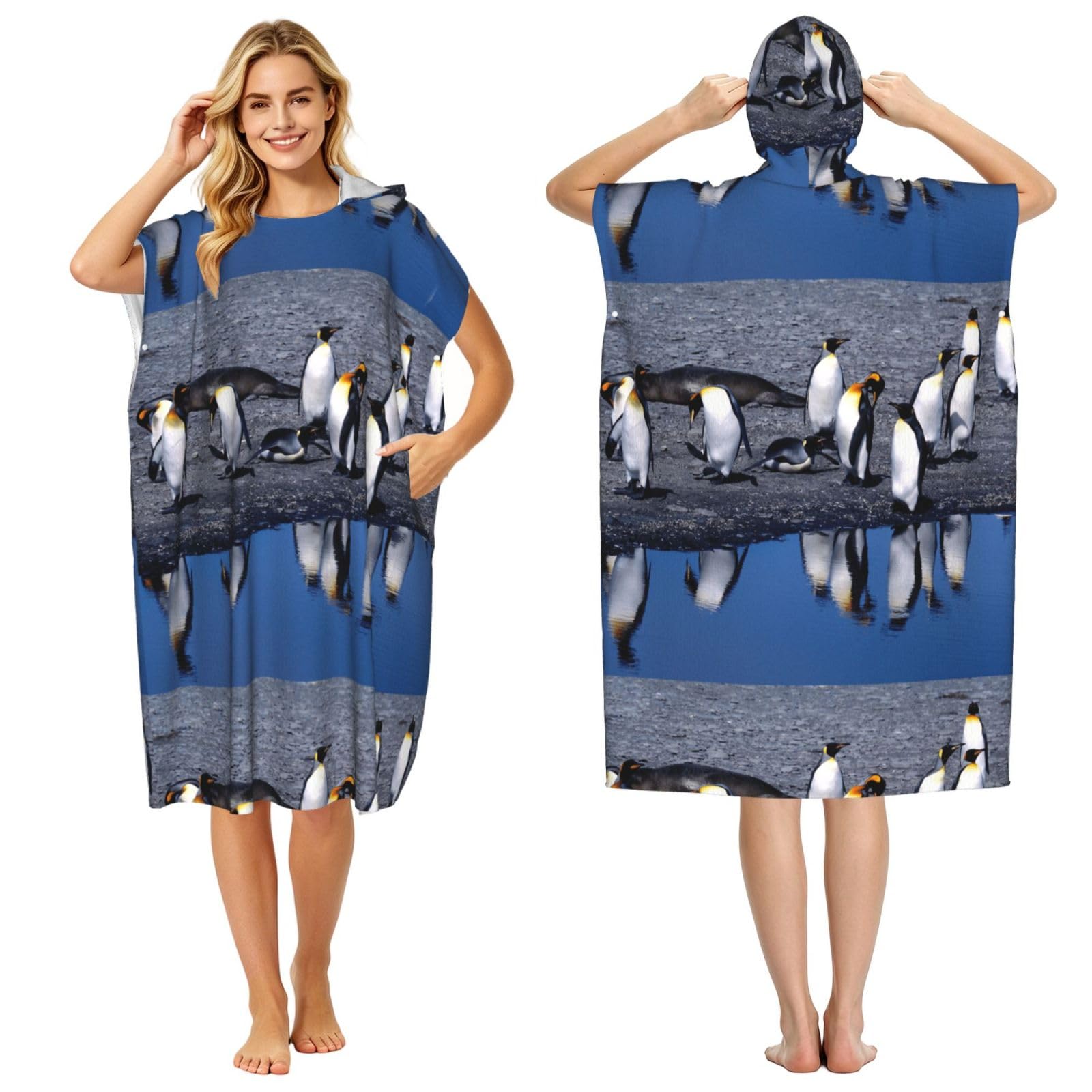 Poadnly Penguin, Adult Hooded Beach Towel 90 x 110 cm,Changing Bath Robe, Surf Poncho Towel For Women Men