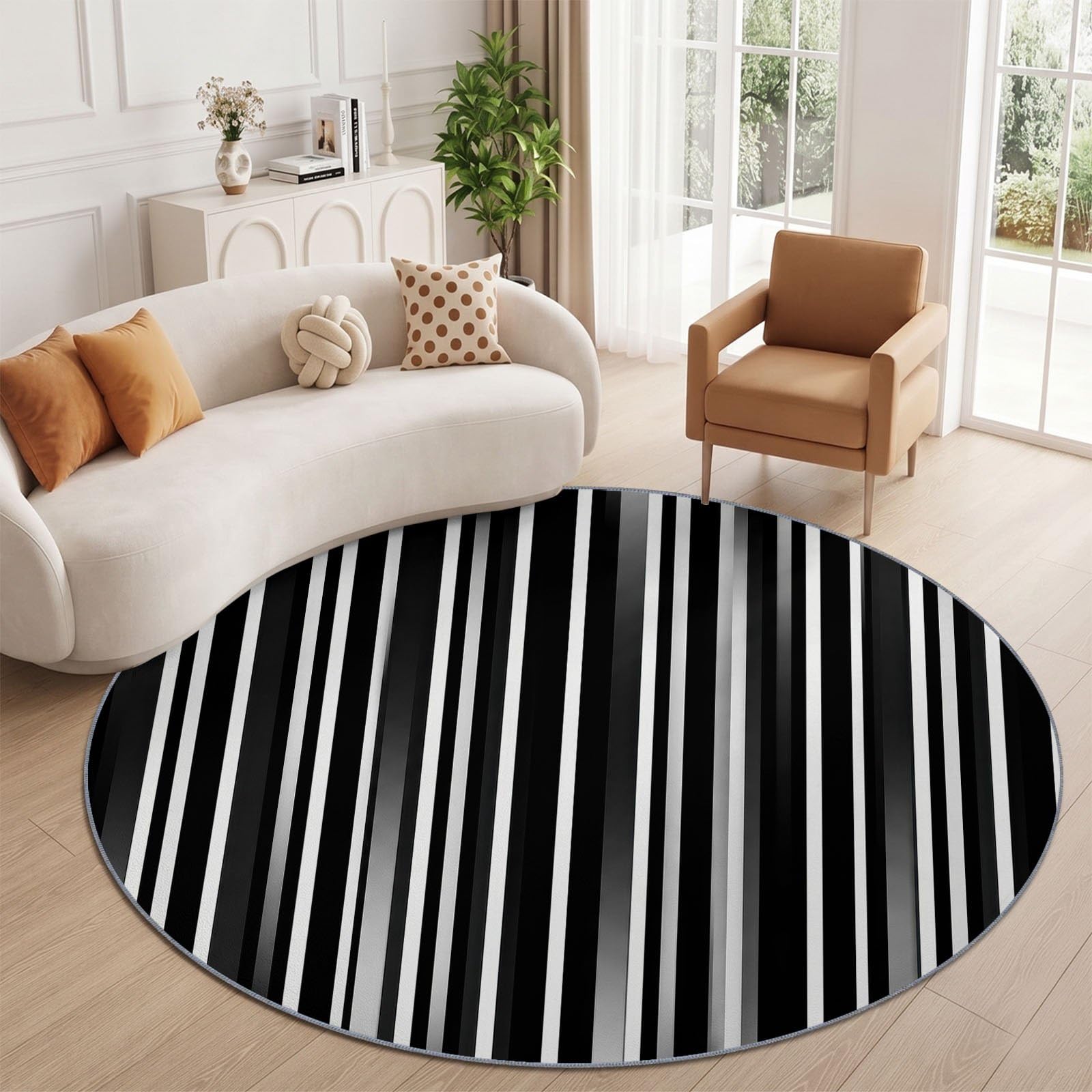 Tapis Rond Moderne Minimaliste 200 cm, Rayure Rayure Verticale Dégradé Lavable en Machine pour Salon, Noir Antidérapant, Poil Court Tapis Rond Imprimé pour Chambre d’Enfant Nurserie