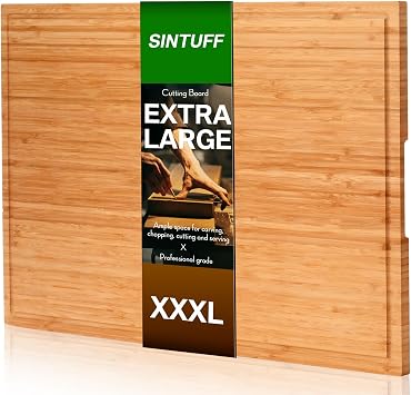 Sintuff 30 x 20 Extra Large Bamboo Cutting Board Stove Top Cover Cutting Board with Juice Groove and Handle Over the Sink L for Kitchen Serving Cheese Meat Turkey, Pre Oiled