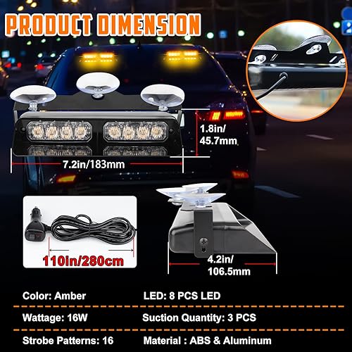 Miniatura 7 de Luz estroboscópica ámbar para parabrisas, 12 V, 16 modos intermitentes, 7.2 pulgadas, advertencia de emergencia, barra LED de emergencia de alta