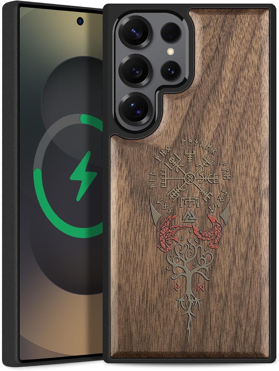 Magnetic for Samsung Galaxy S25 Ultra Case, Walnut - Vegvisir Protection | Compatible with MagSafe Wireless Charging, Natural Wood Cover & Shockproof TPU Phone Case, Hand-Drawn Style