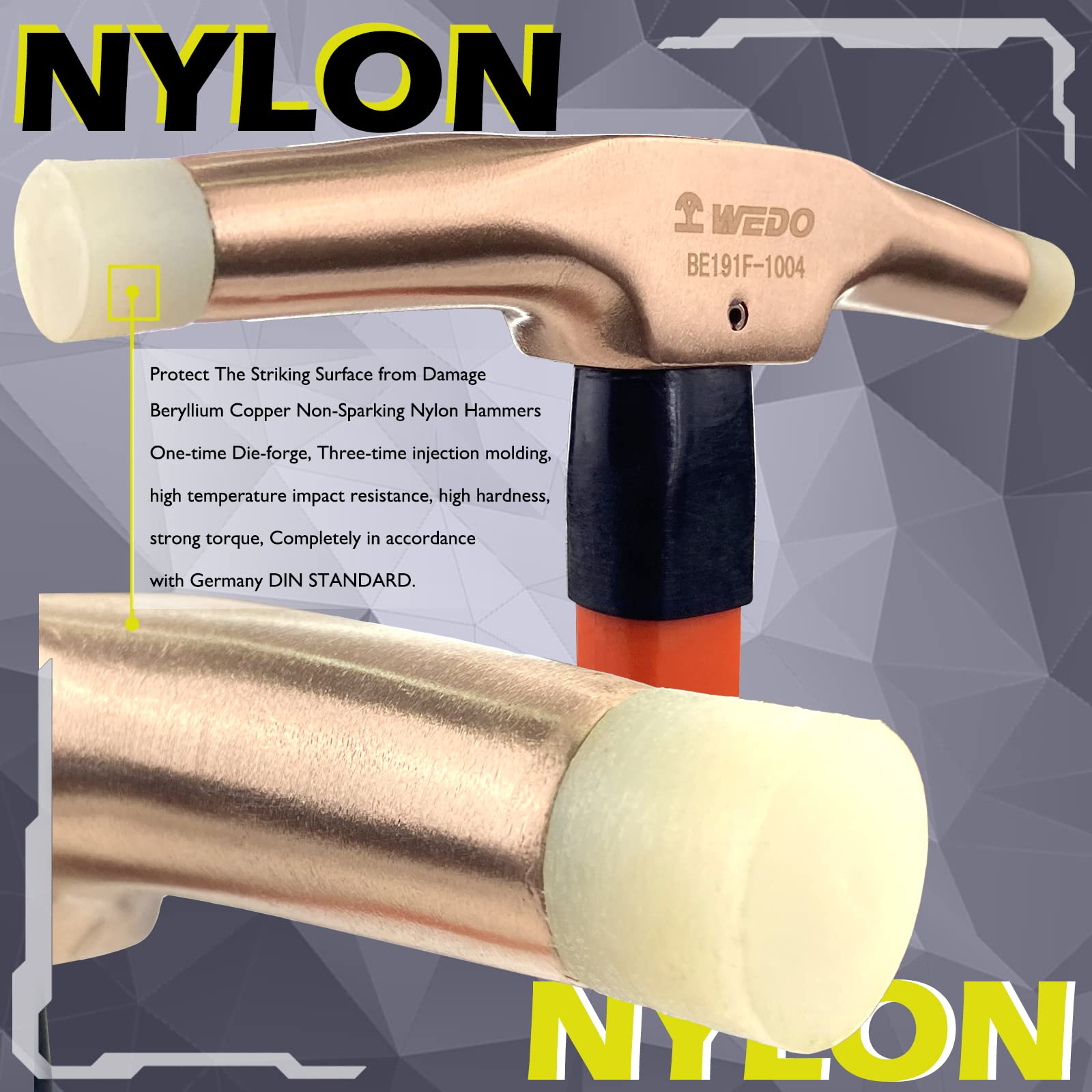 WEDO Młotek z nylonową końcówką, młotek nieparkingowy, miedź berylowa, głowa, 420 g, długość 280 mm, młotek tapicerski, uchwyt z włókna szklanego, certyfikat BAM