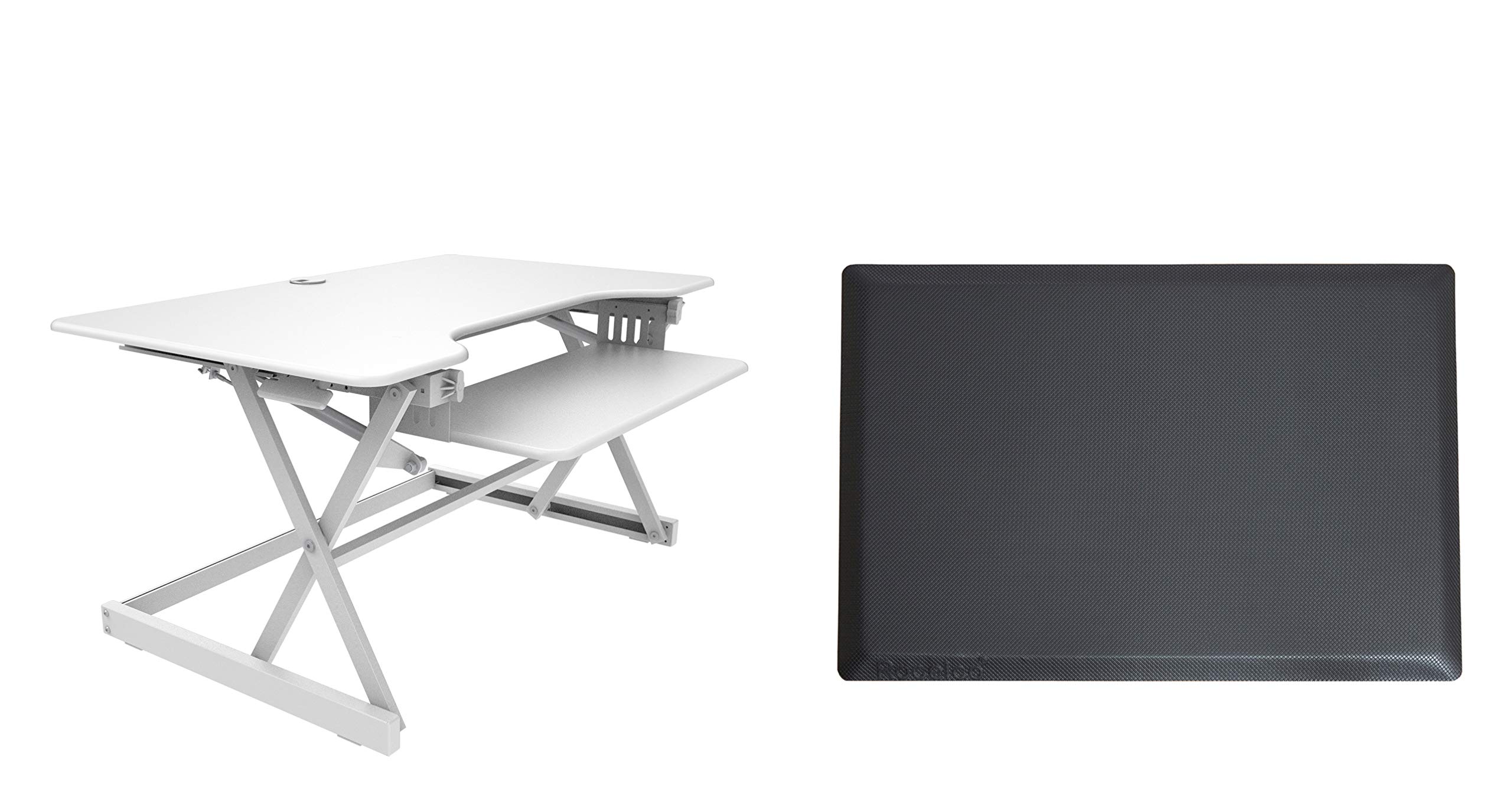 Rocelco 40" Large Height Adjustable Standing Desk Converter with Anti Fatigue Mat Bundle - Quick Sit Stand Up Computer Workstation Riser - Retractable Keyboard Tray - White (R DADRW-40-MAFM)