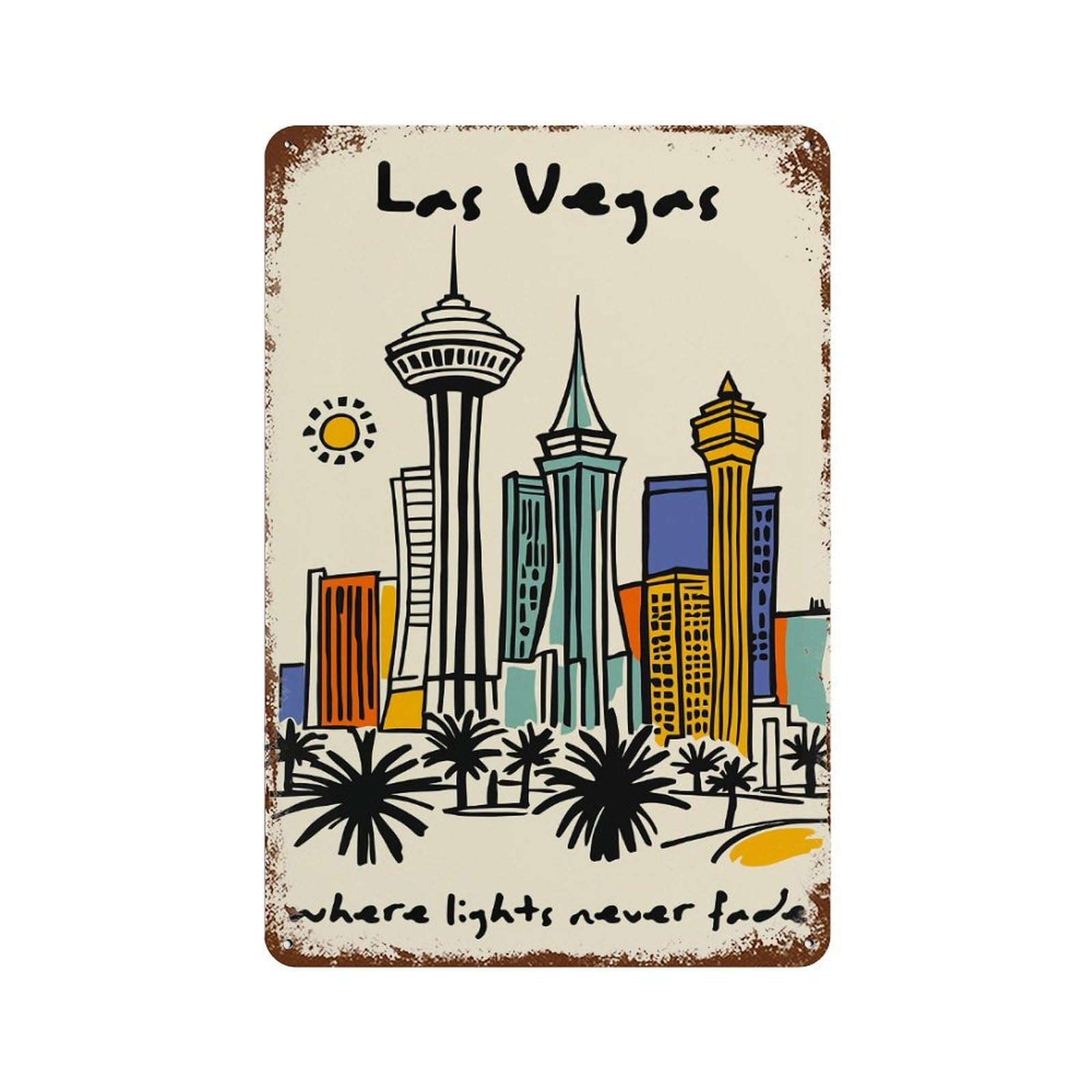 Las Vegas Skyline Illustration 11.8"x7.9" Vintage Rust Metal Sign, Decorative Metal Wall Art for Bistro, Counter And Cafe Decor