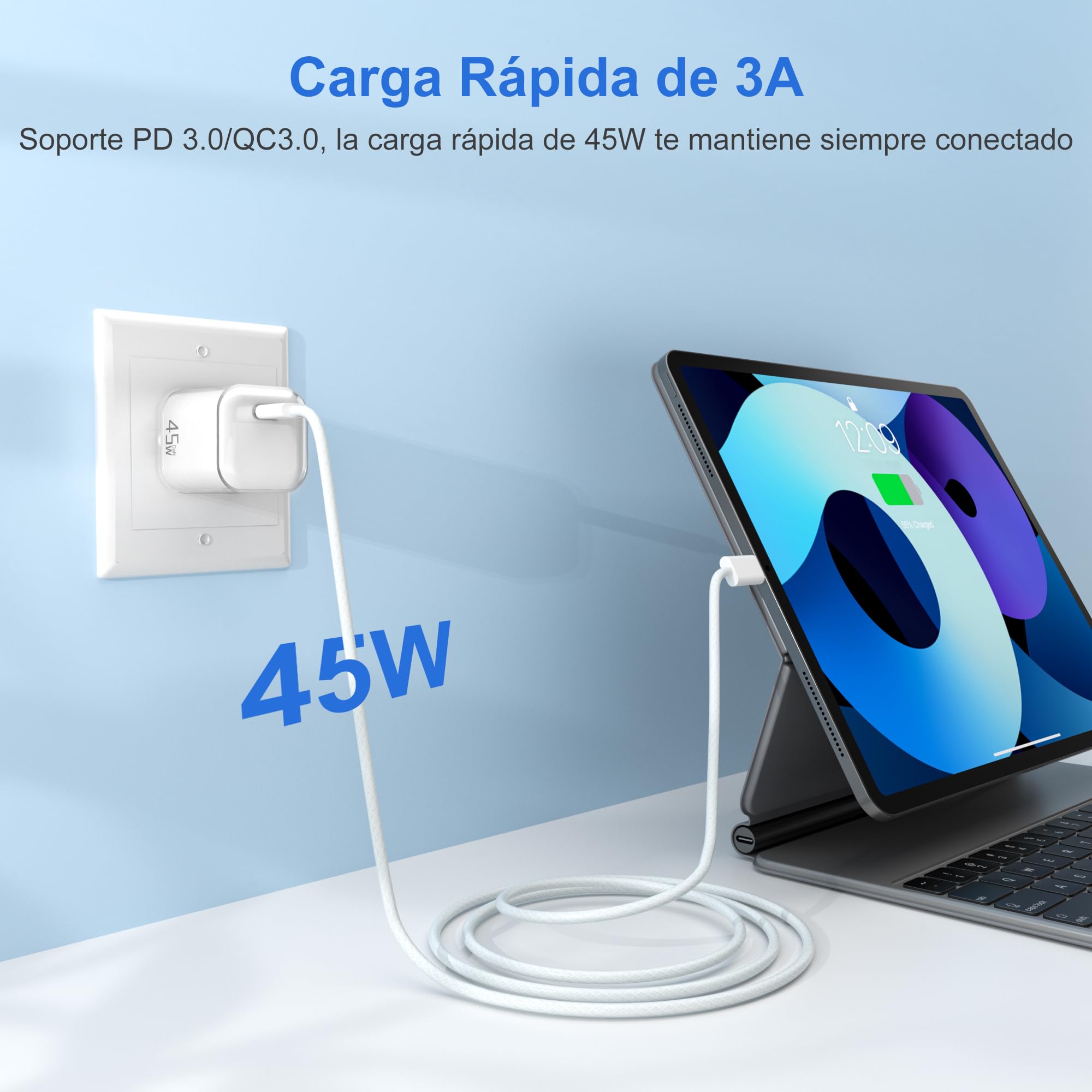 YISH Cargador USB C Carga Rapida 45W：GAN PD3.0 Enchufe USB C Movil Cargador Tipo C Carga Rapida Compacto para Teléfonos Inteligentes y Tabletas con 60W Cable Tipo C a C — view 3