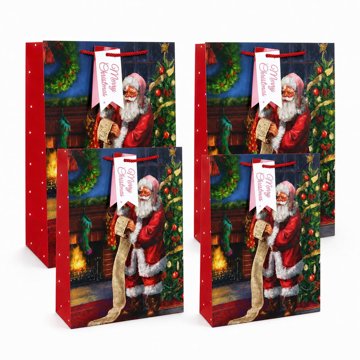 4 Pack of Santa Christmas List Gift Bags with Handles, 2 Medium 26 x 15 x 33 cm & 2 Small 21.5 x 10 x 25.3 cm, Xmas Present Bags, Festive Gift Packaging for Family Friends Christmas Presents