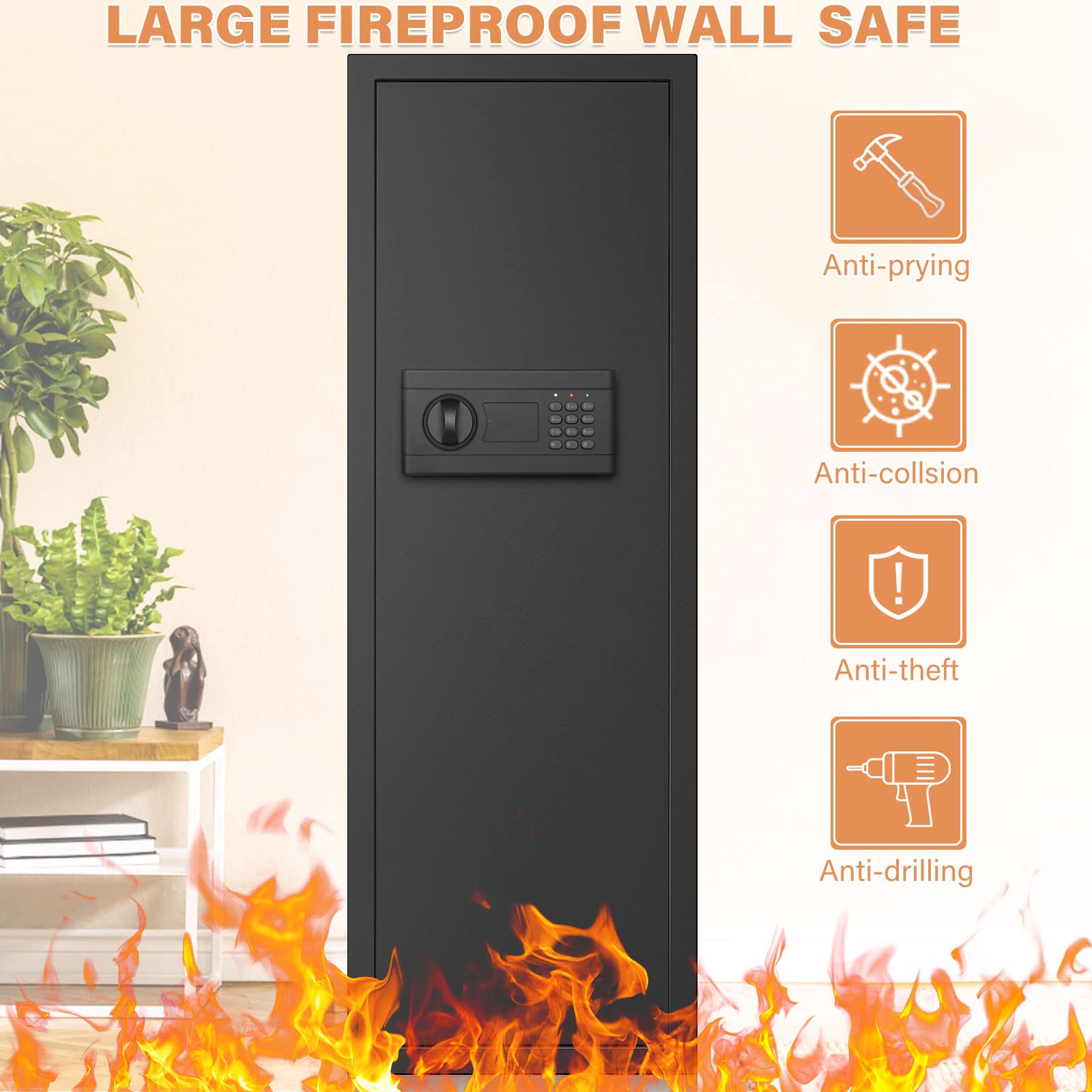 43.3" Tall Fireproof Wall Safes Between the Studs, Hidden Wall Safe With Combio Lock and Removable Shelf, Heavy Duty Wall Mount Safe for Firearms Money Guns Important Documents Valuables