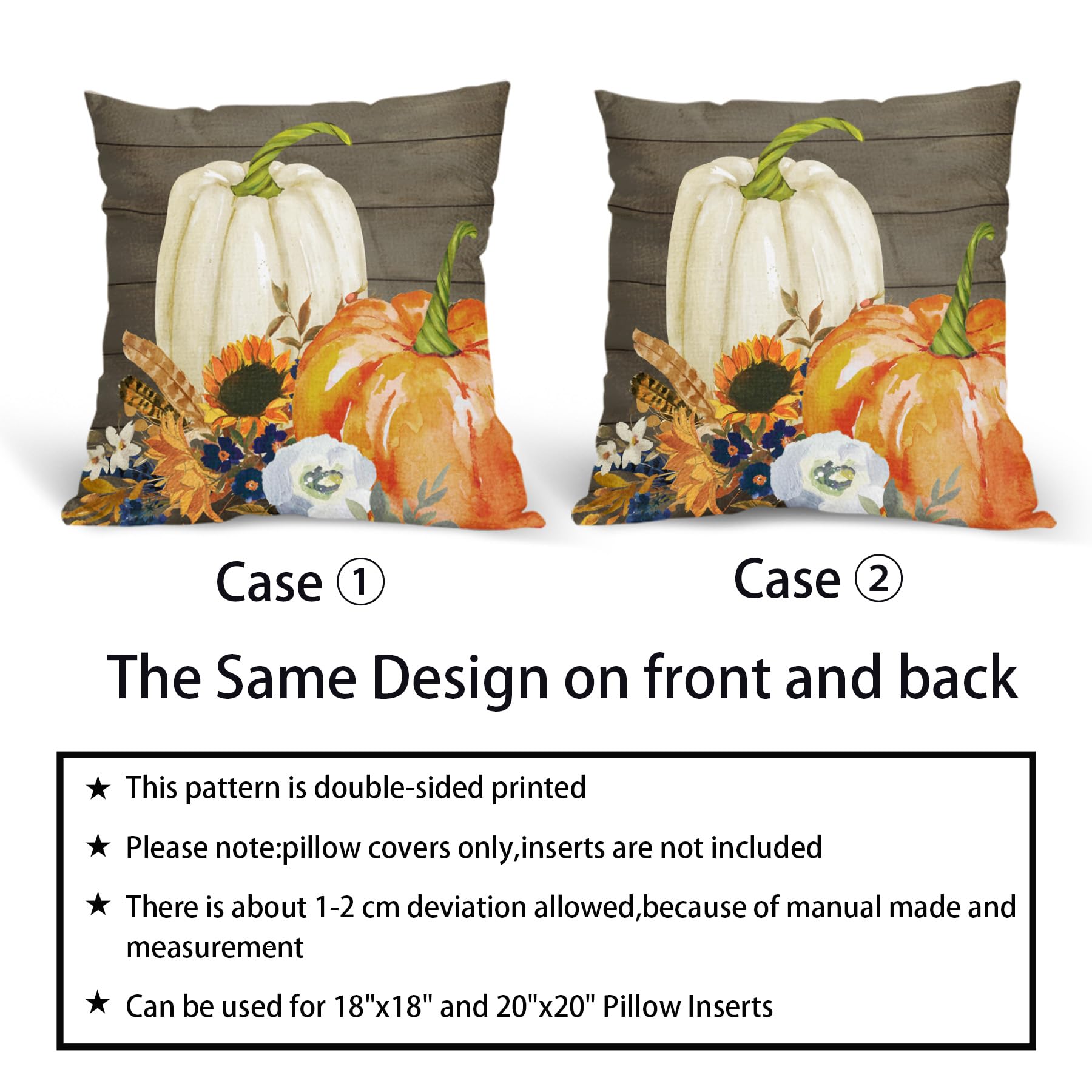 Kawani Juego de 2 fundas de almohada de otoño de calabaza blanca y naranja de 16 x 16 pulgadas, diseño de hojas de girasol, decoración del hogar para habitación, porche, patio, sofá al aire libre