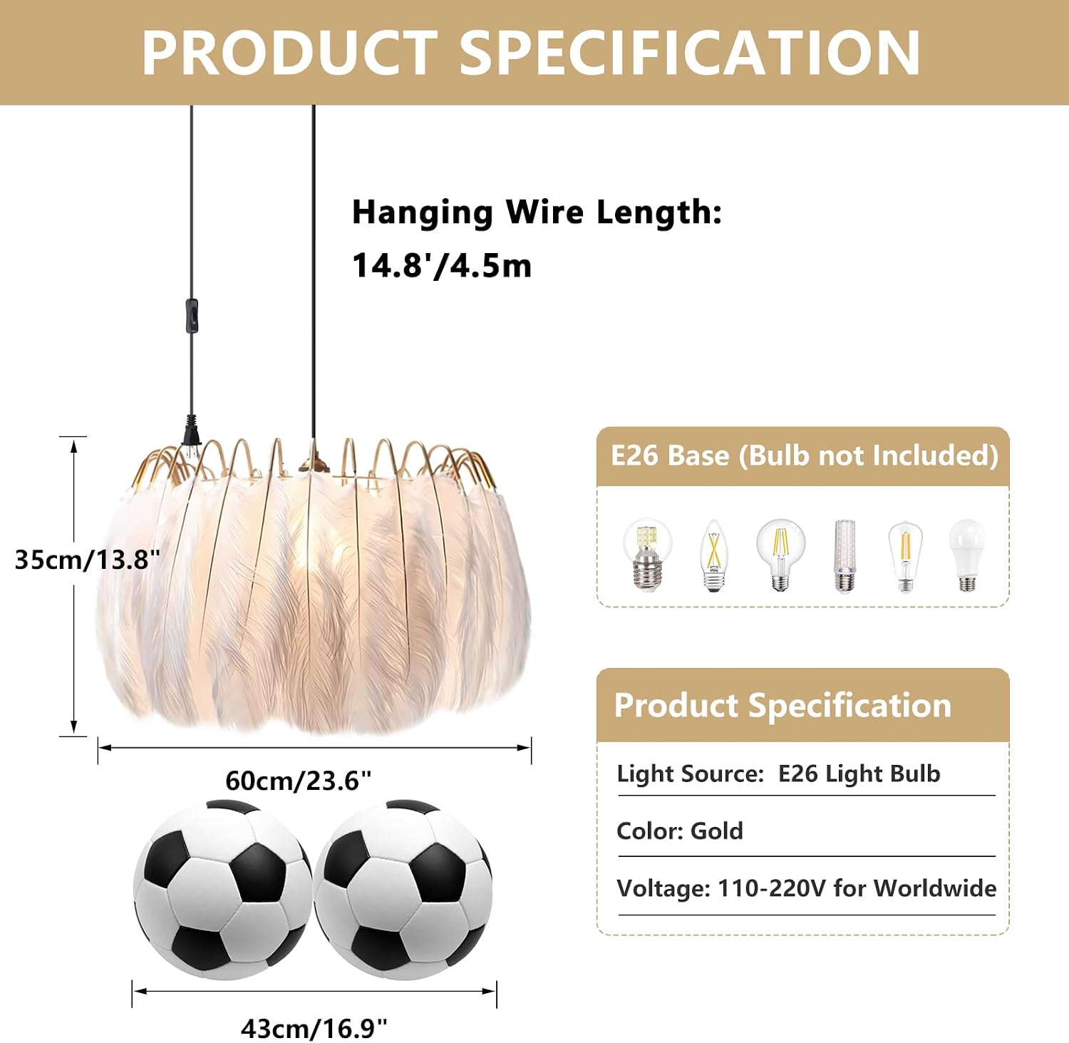 KCO Lighting Modern Nordic Feather Chandelier White Feather Hanging Light Fixture with 14.8 Feet Plug in Cord Gold Pendant Lamp for Girls Room Bedroom (23.6”)