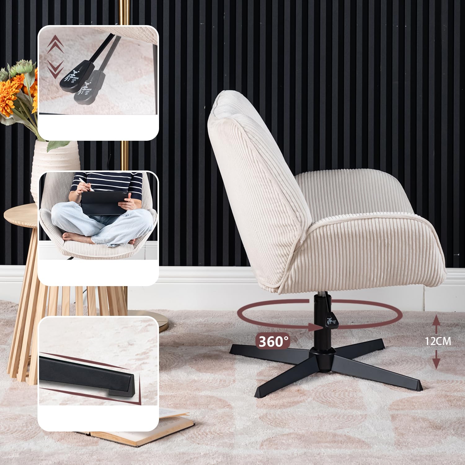 MEUBLE COSY Silla de Oficina Giratoria 360°, Altura Ajustable, Acolchada con Espuma en Tela de Pana, para Escritorio Estudio, sin Ruedas, Beige