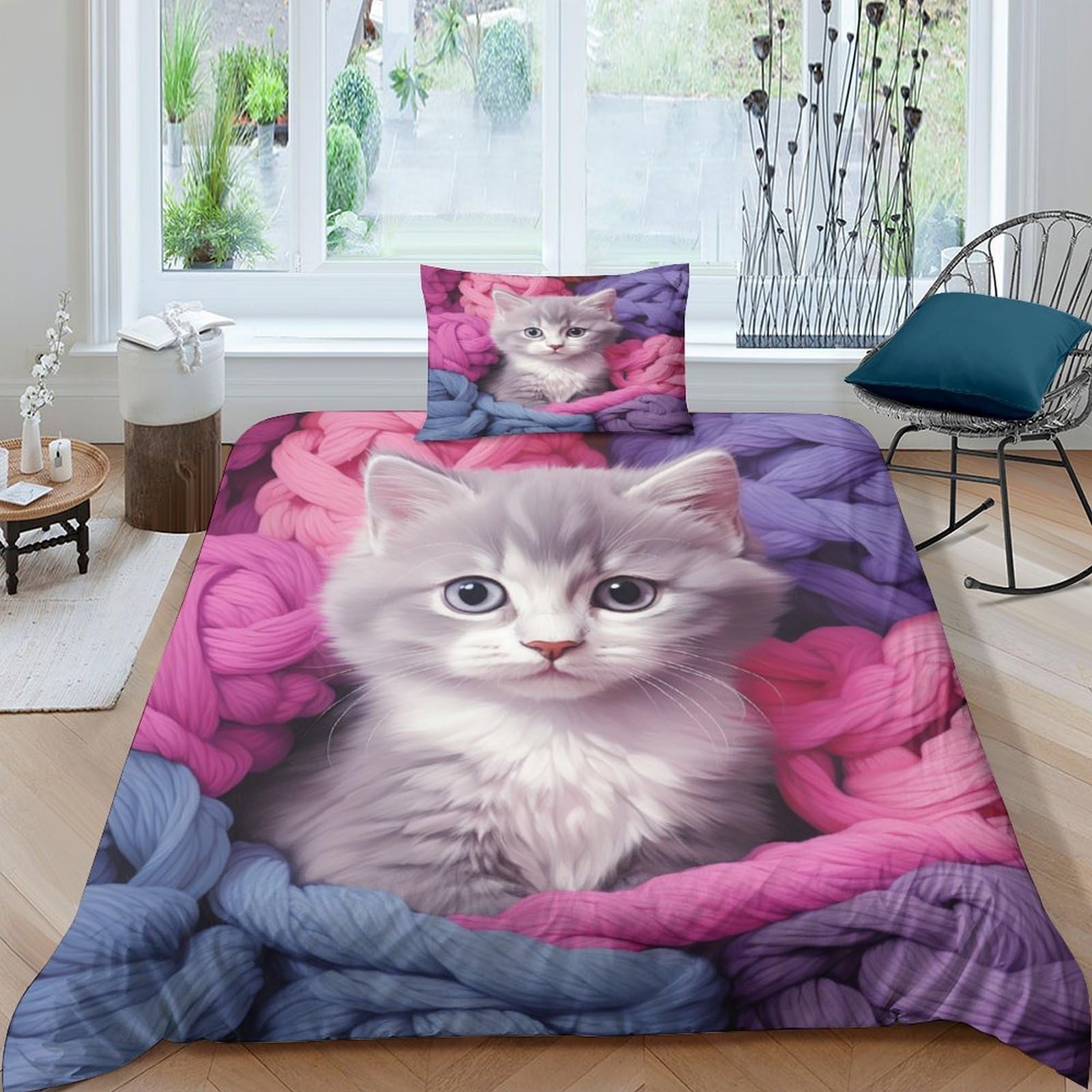 Housse de couette chat 3D 135x200cm en microfibre douce avec une taie d'oreiller pour lit enfant