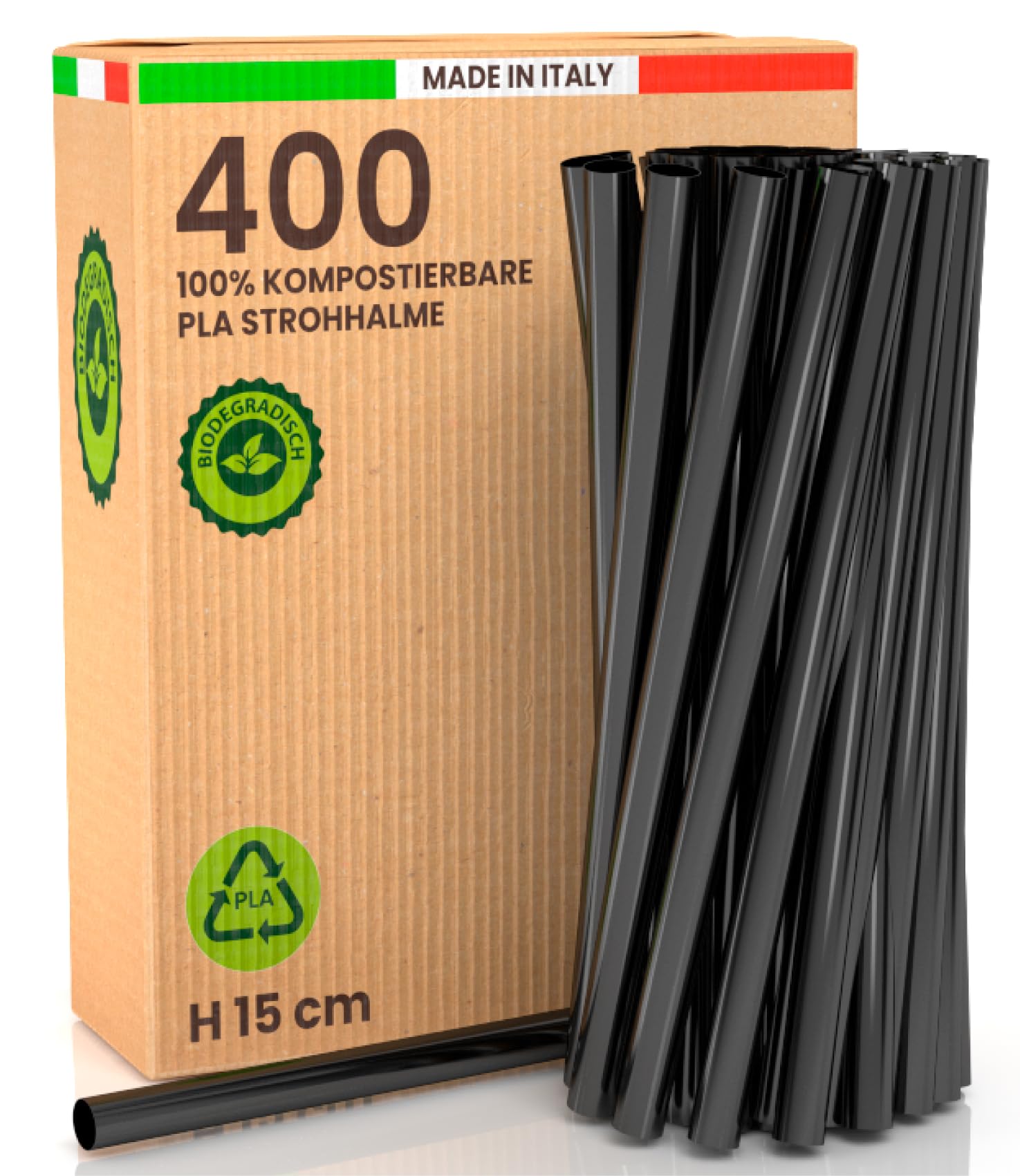 400 Trinkhalme Schwarz Jumbo Strohhalme aus 100% Festem und Umweltfreundlichem Biokunststoff 15cm x 8mm Biologisch Abbaubar Kompostierbar Wiederverwendbar Made in Italy Für Getränke Cocktails