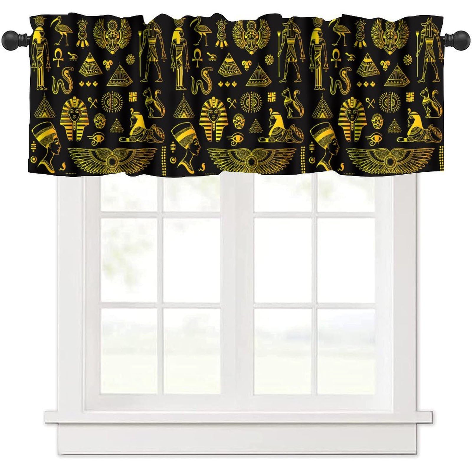 moderw Ancient Egypt Valance Curtains Vintage Egyptian Culture Symbol Mysterious Egypt Tribal Ethnic Gold Black Window Valance Curtain for Farmhouse Bedroom Living Room Kitchen 54x18inch