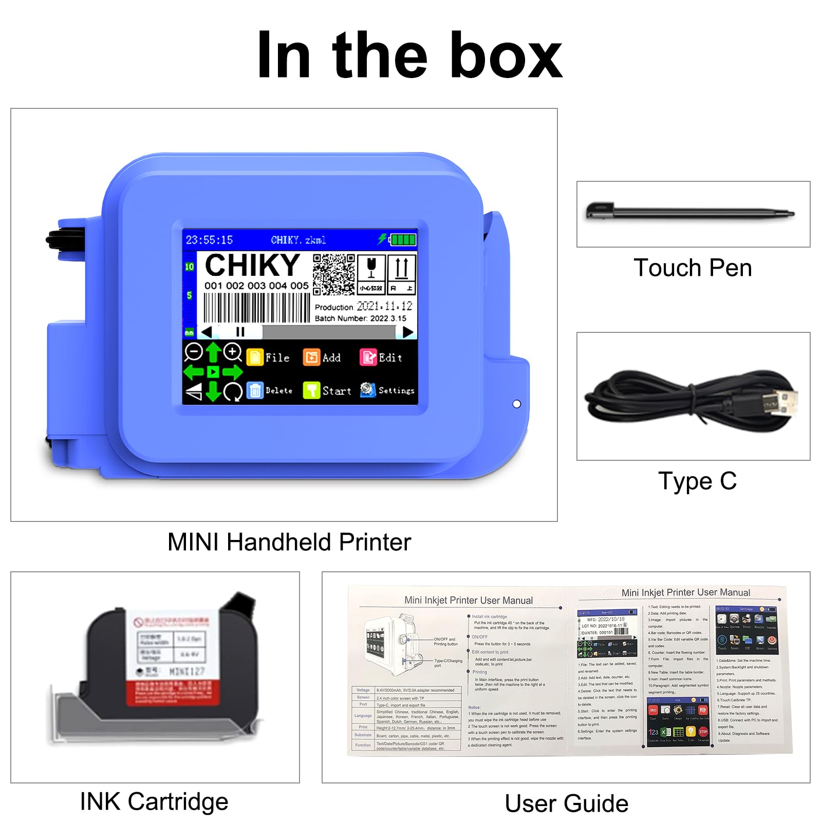 CHIKYTECH Mini stampante a getto d'inchiostro portatile, macchina di codifica portatile tascabile con display touch LED da 2,4 pollici, stampante a getto d'inchiostro per la stampa