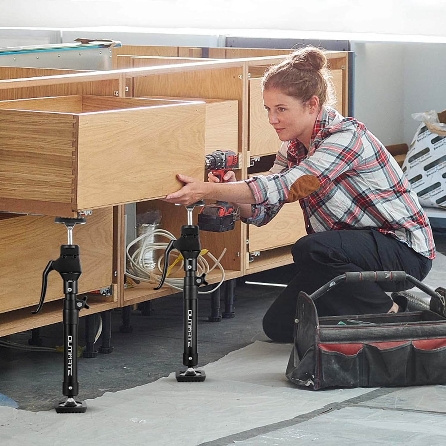OUTIMATE Support Pole, Steel Telescopic Quick Support Rod Adjustable 3rd Hand Support System, Supports up to 198 lbs Construction Tools for Cabinet Jacks Cargo Bars Drywall Support, 2 pcs