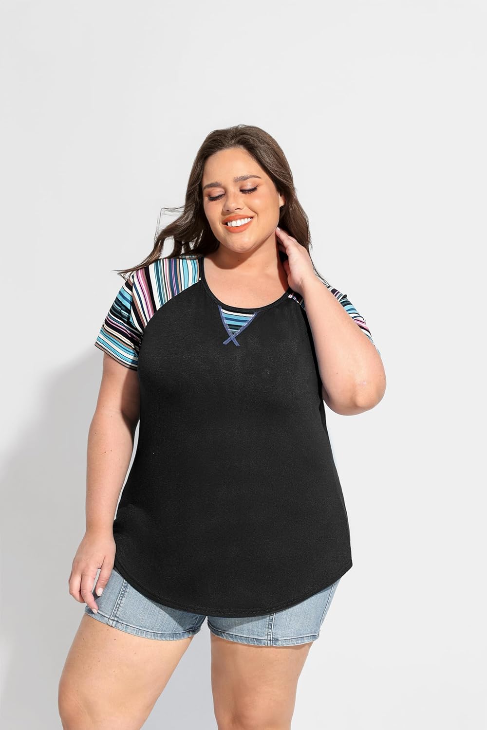 TIYOMI Plus Size T Shirt Tunic Tee Color Block Crewneck Raglan Summer Short Sleeve Tee XL-5XL - Image 2